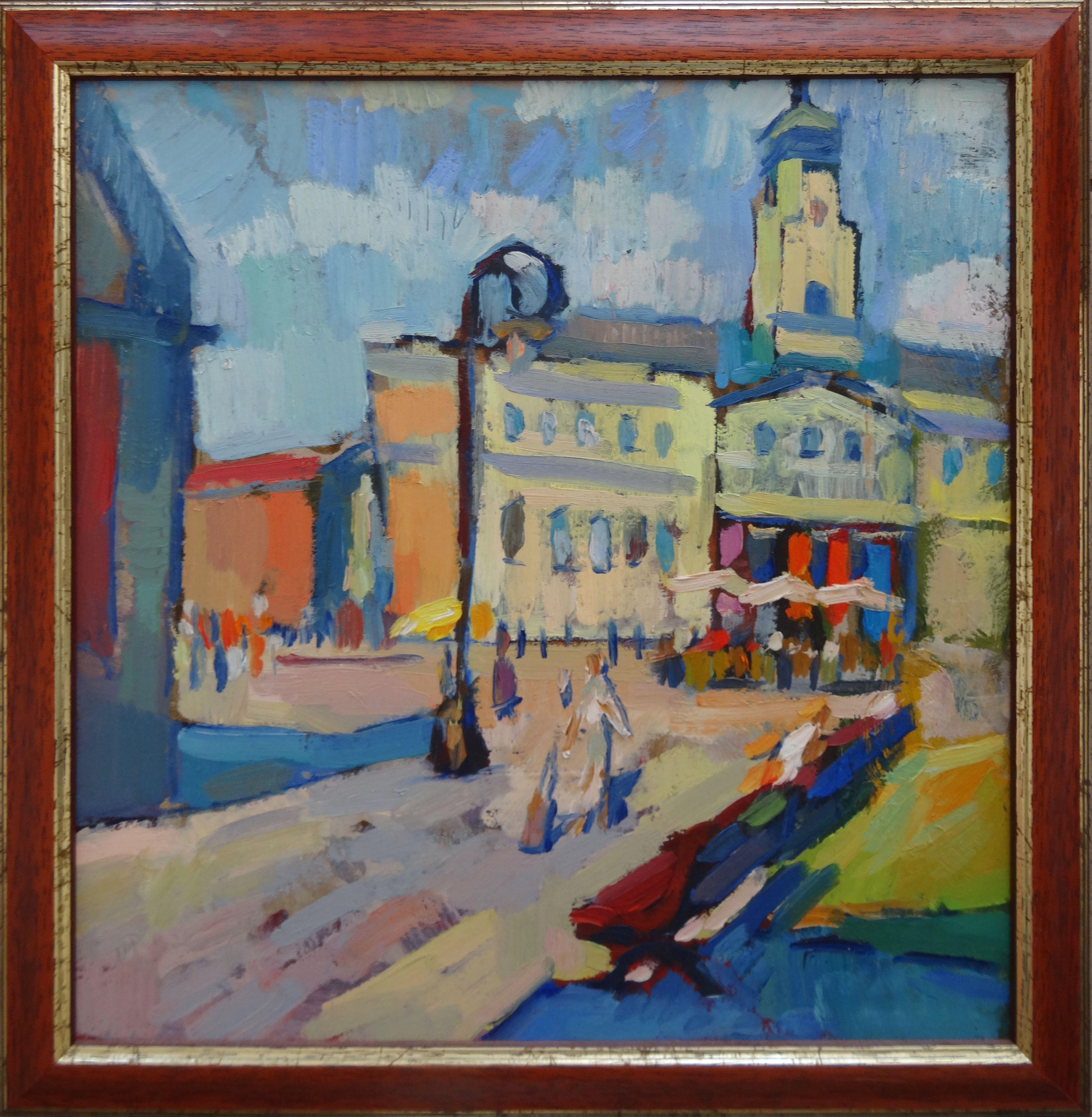 Old town. 2014, oil on cardboard, 31.5x32.5 cm - Painting by Vera Bondare