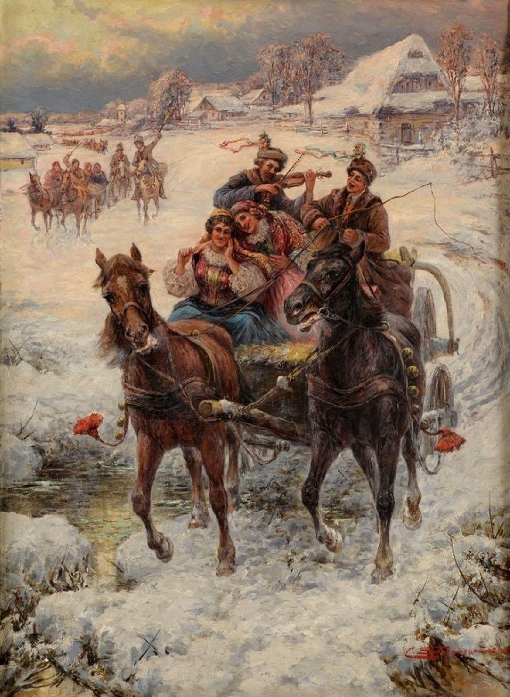 Winter ride with songs. 19 century, oil on canvas, 100x74 cm - Painting by Pjotr Constantin Stojanow