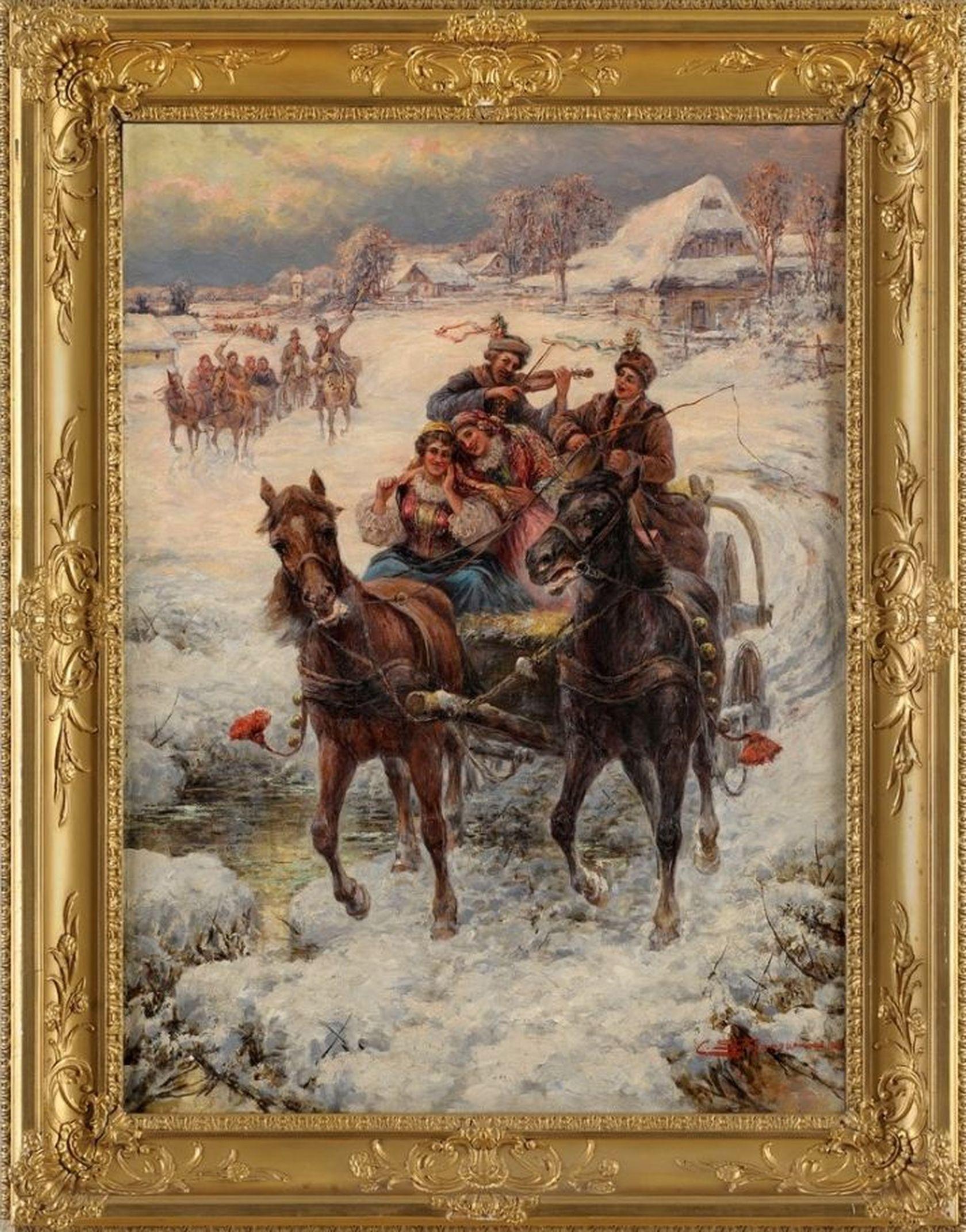 Pjotr Constantin Stojanow Figurative Painting - Winter ride with songs. 19 century, oil on canvas, 100x74 cm