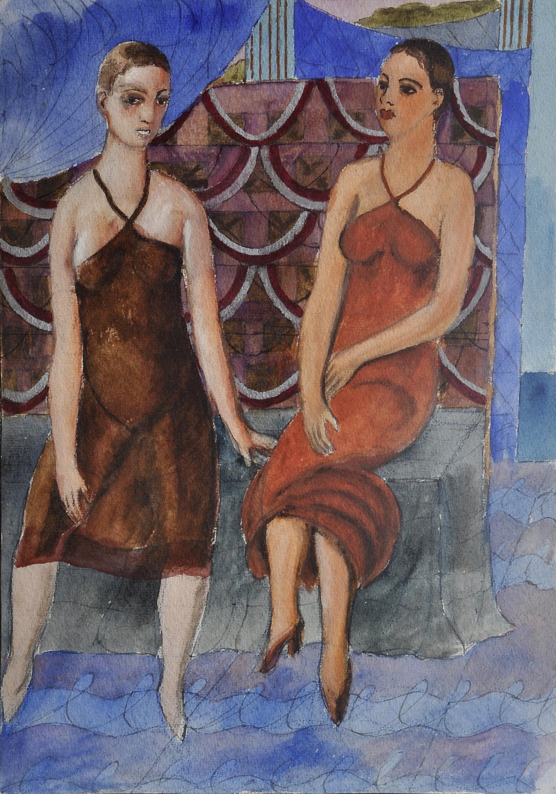 Adolfs Zardins Figurative Painting - Lady in red and lady in brown. 1935. Paper, watercolor, 35x25 cm