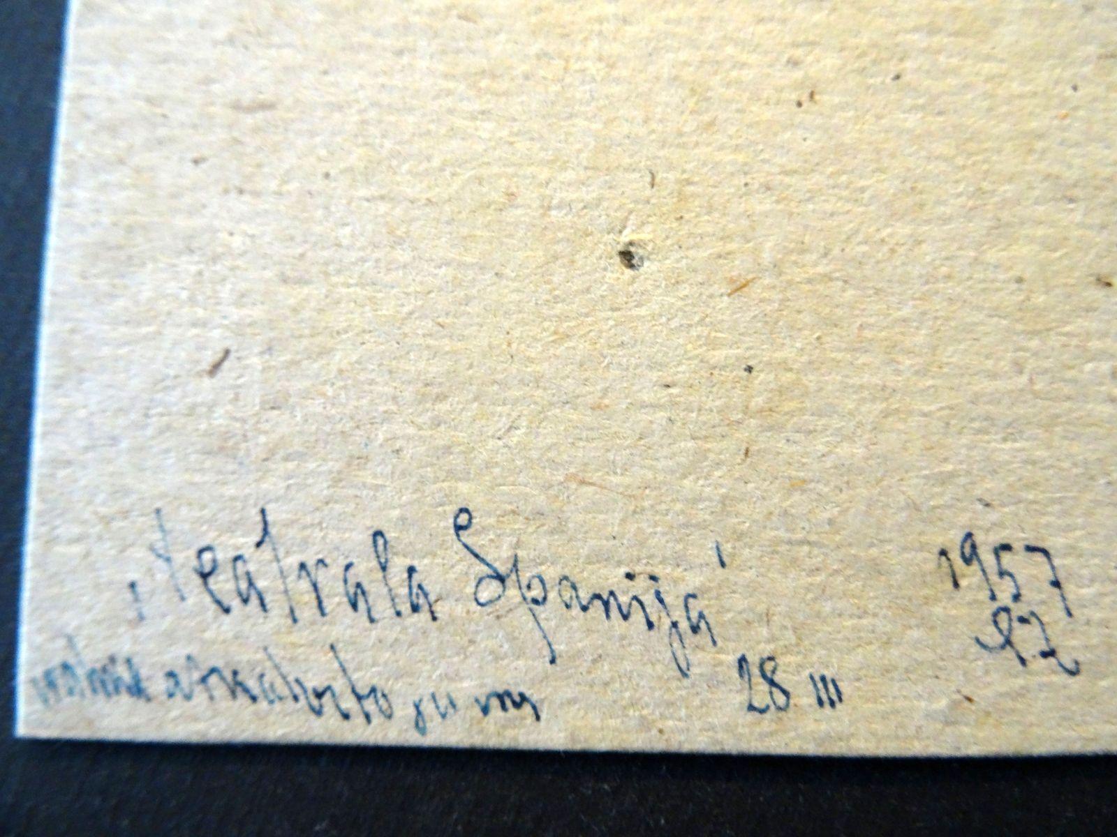 Theater Spanien. Papier, gemischte Medien, 9,7 x 8,3 cm – Painting von Adolfs Zardins