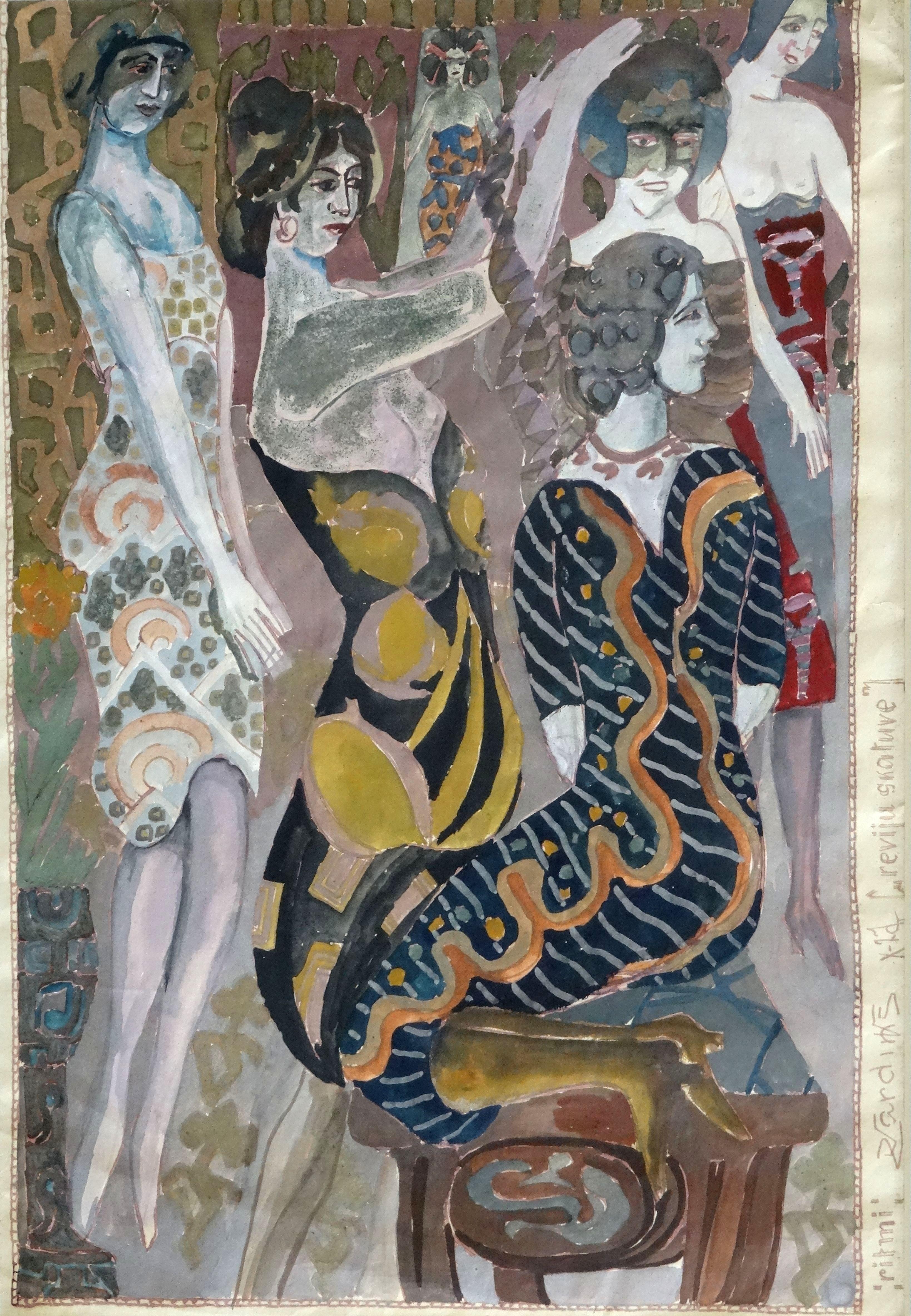 Adolfs Zardins Figurative Painting - Rhythms. Stage. 1927, paper, watercolor, 41x28 cm