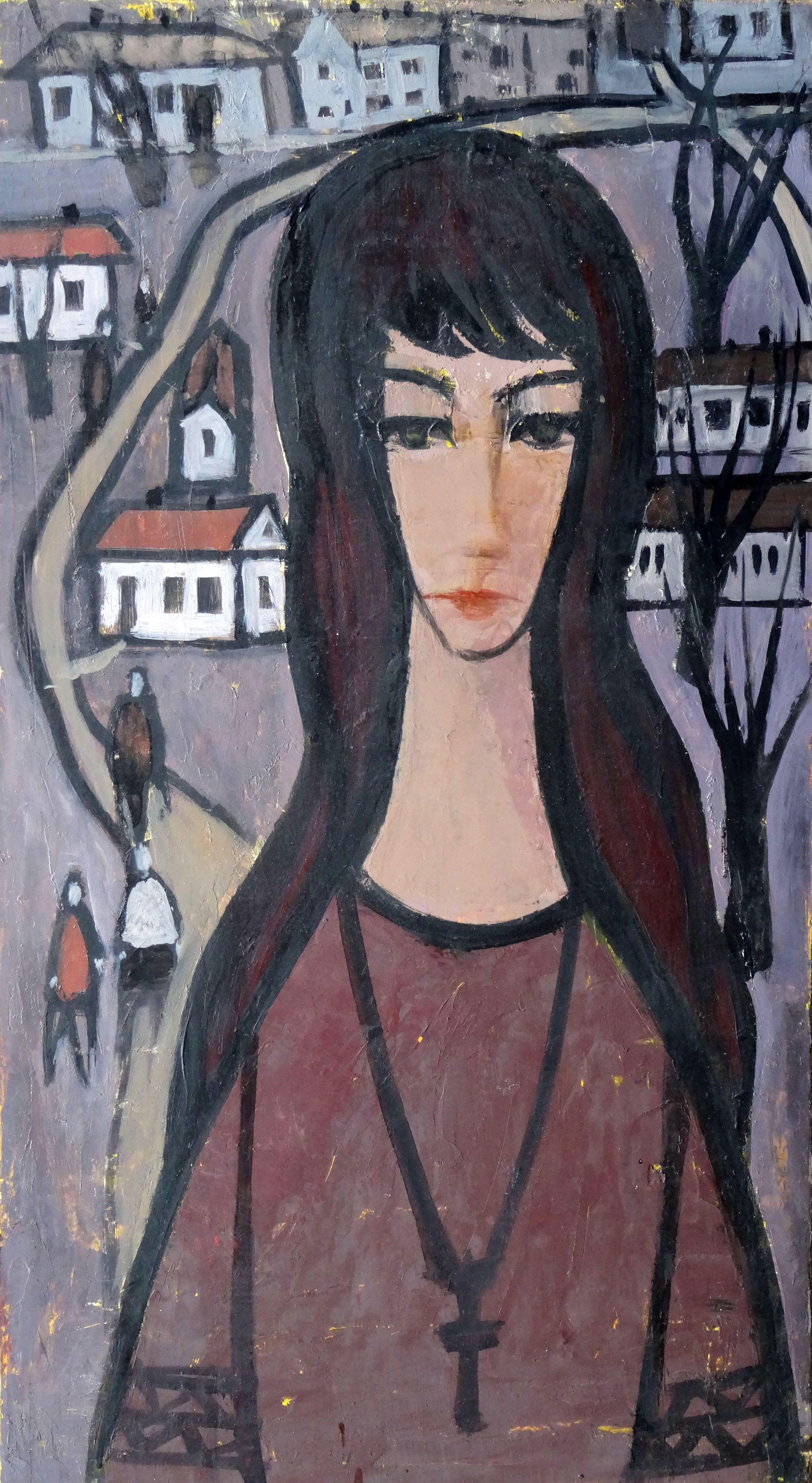 The girl in the city. oil on cardboard, 76.5x41.5 cm