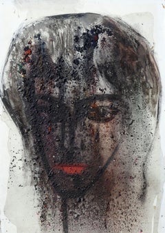 Portrait en noir et lèvres rouges. Huile sur carton, 49 x 35 cm