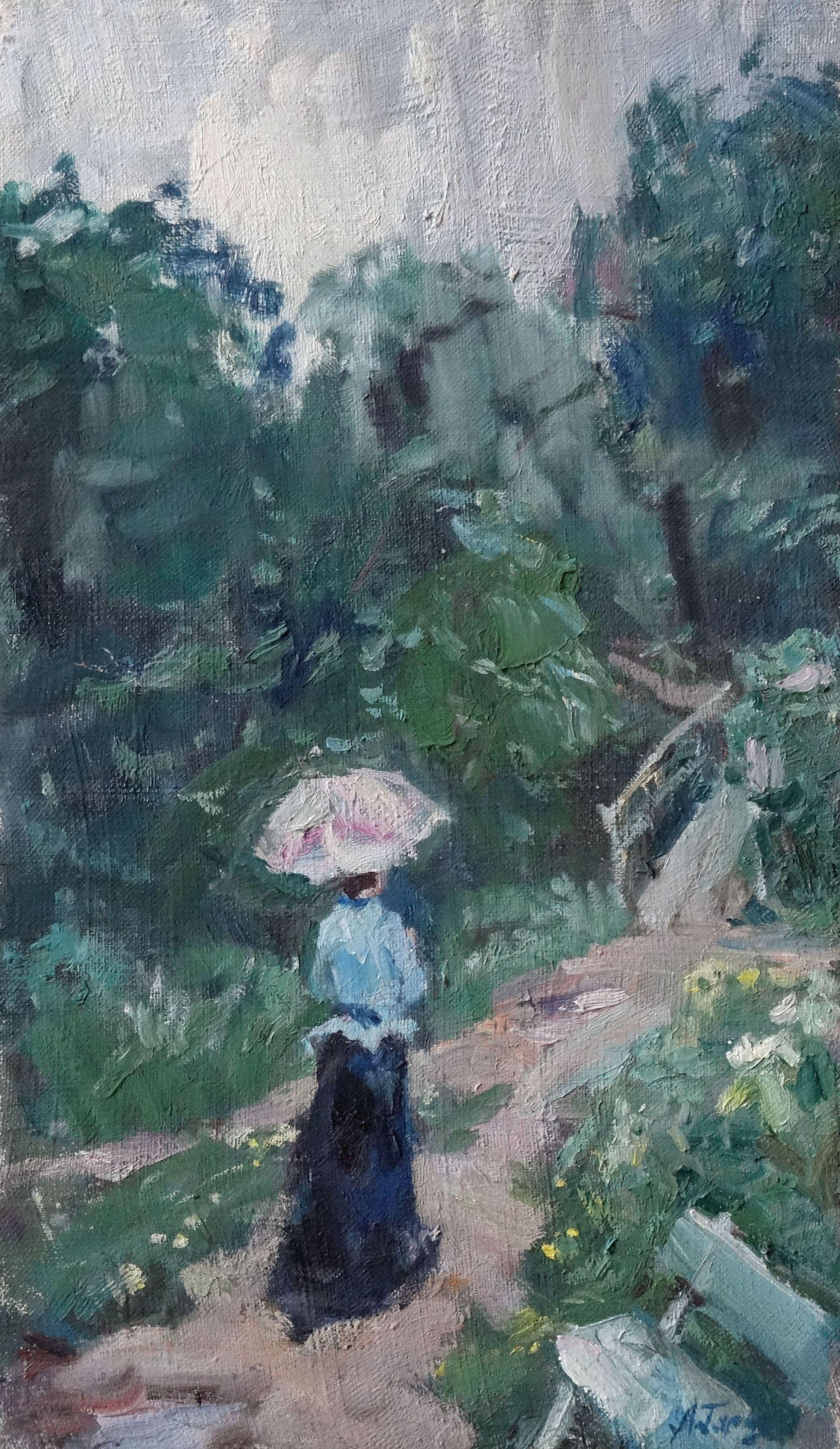Aleksey Garin Figurative Painting - Summer rain. Oil on canvas, 46x27 cm