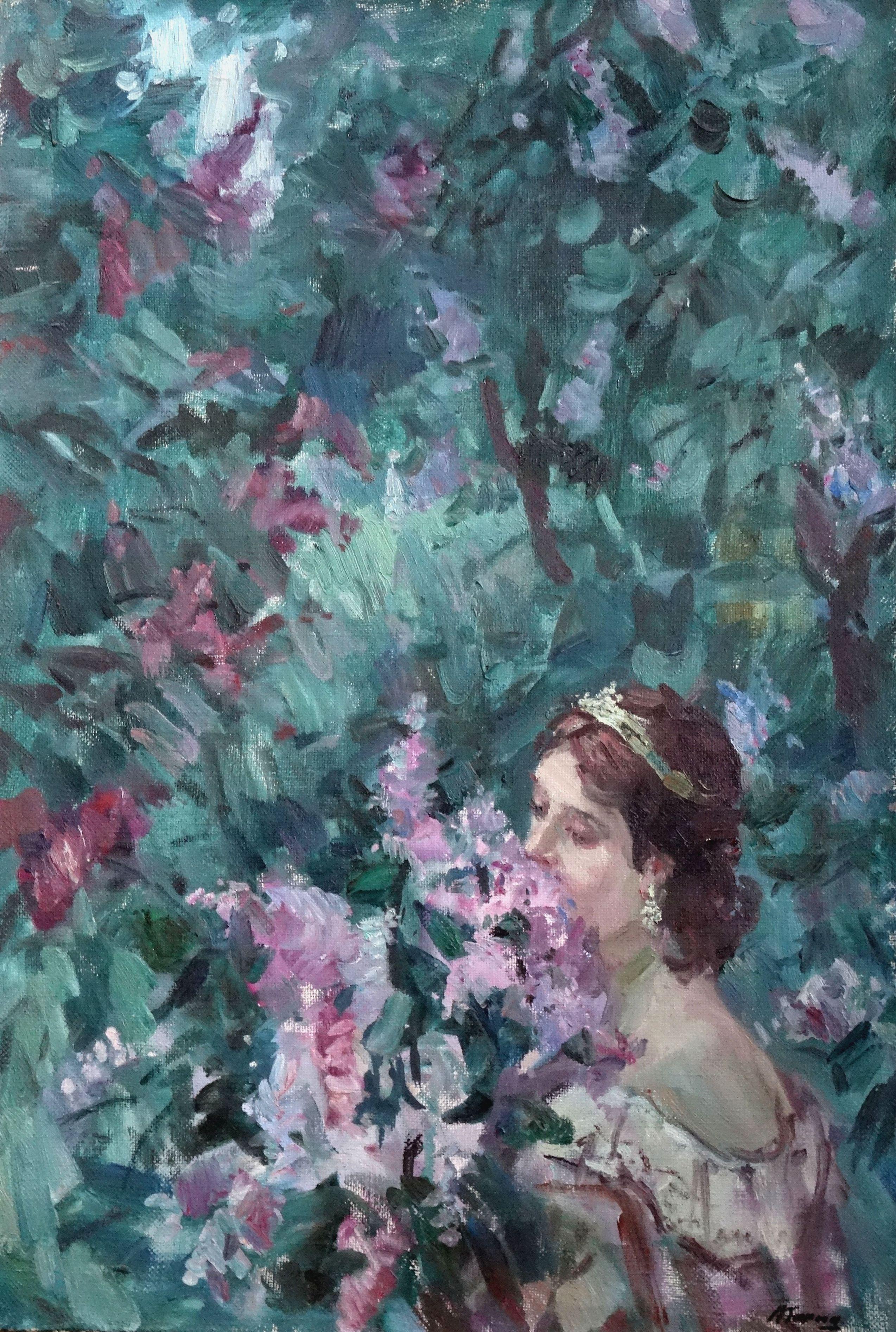 Aleksey Garin Figurative Painting - Lilac bouquet. 1995, oil on canvas, 73x50 cm