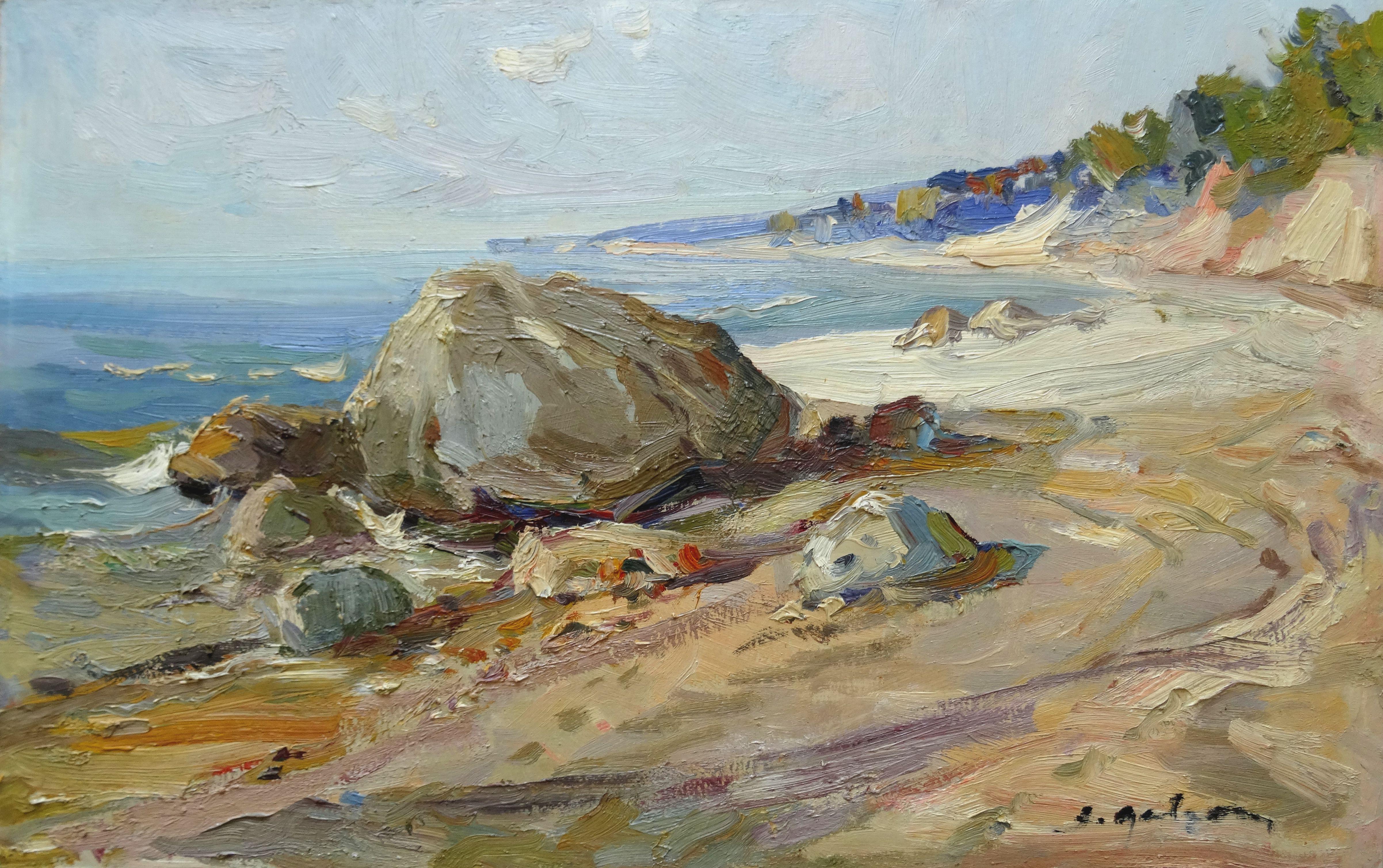 Janis Galzons Landscape Painting - Seashore. Oil on cardboard, 40x62 cm