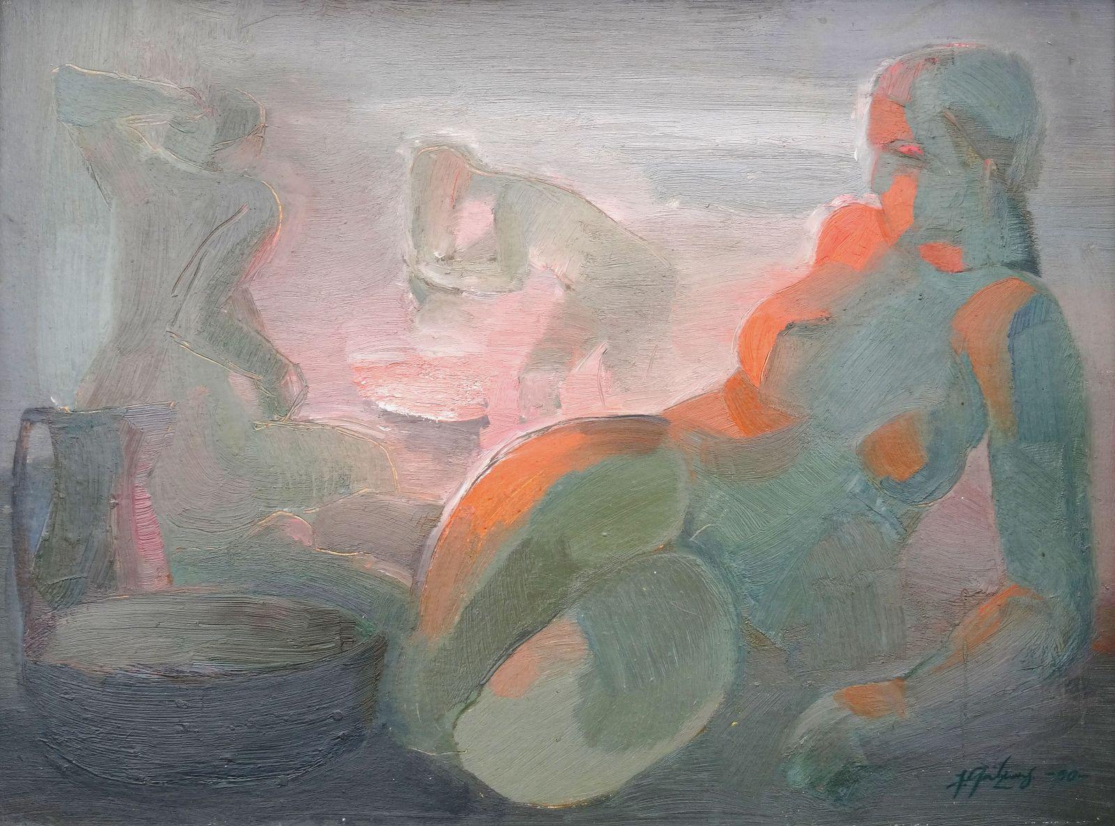 Janis Galzons Figurative Painting - Midsummer. Sauna. 1990, cardboard, oil, 70x94 cm