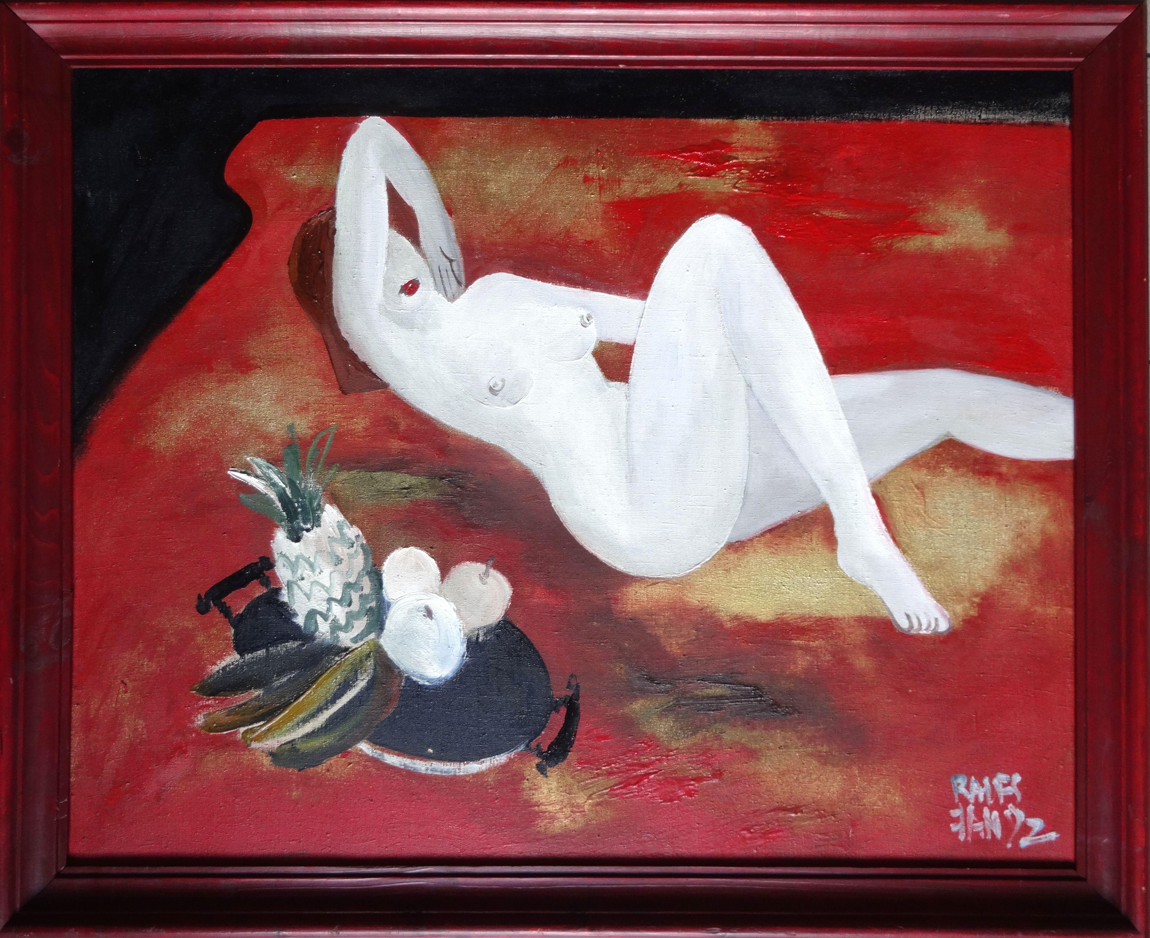 Sul rosso. 1992. Olio su tela, 80x100 cm - Nude Painting Rosso di Ralfs Jansons