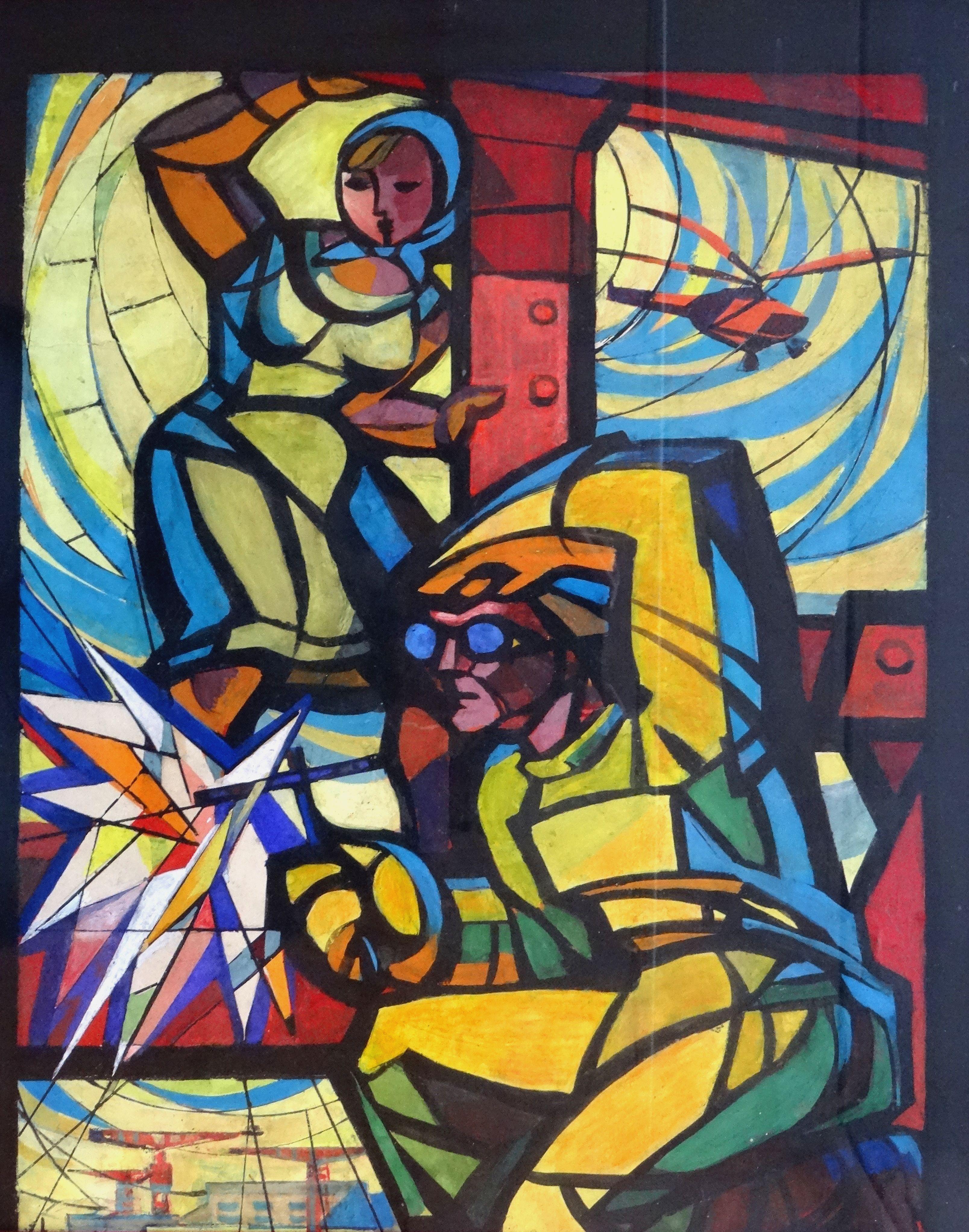 Tenis Grasis Figurative Painting - Stained glass project. Paper, tempera, 42x33