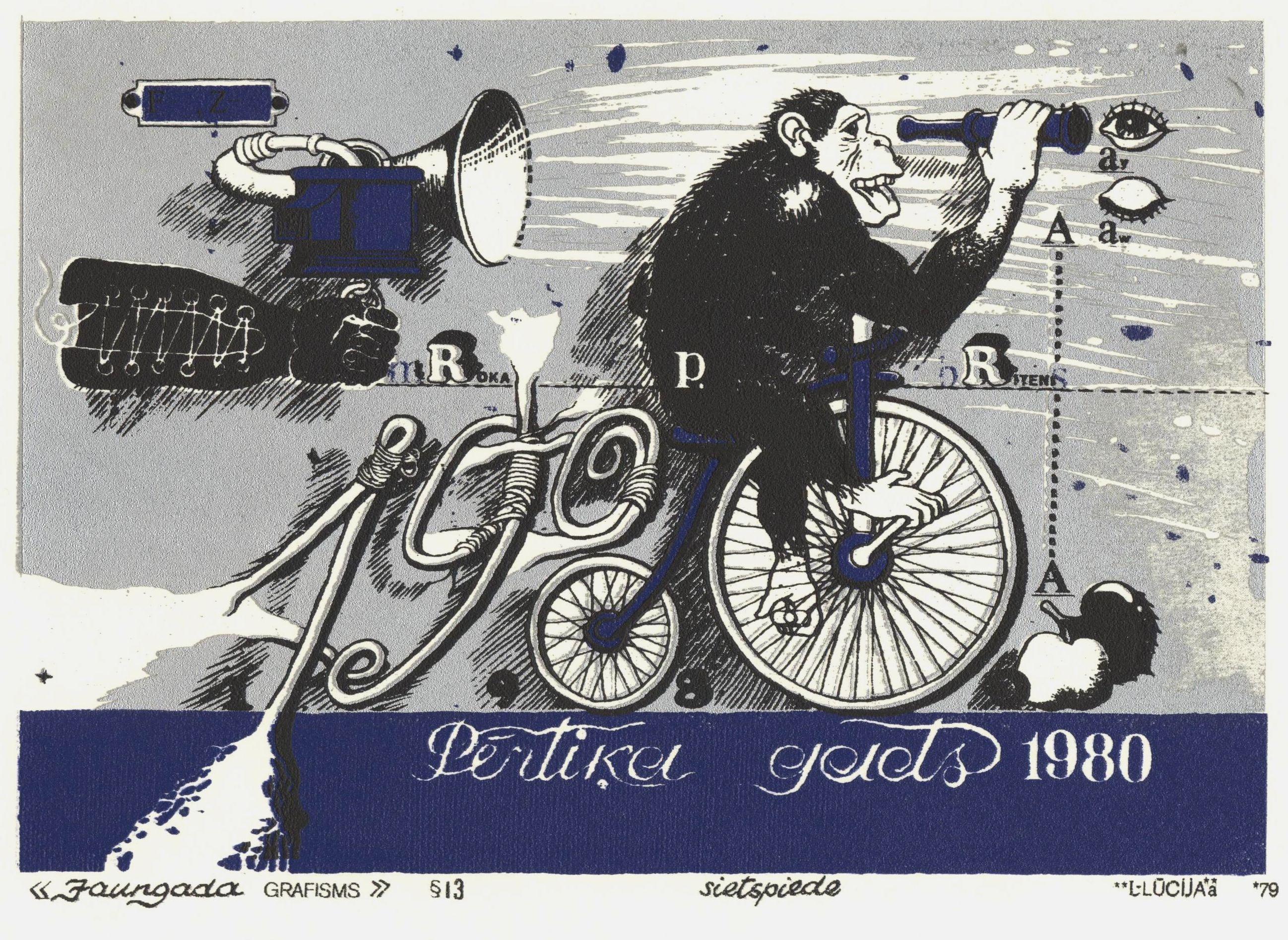 Maris Argalis Figurative Print - The New Year graphisms & 13. 1979, paper, silk screen, 15, 5x21, 5 cm