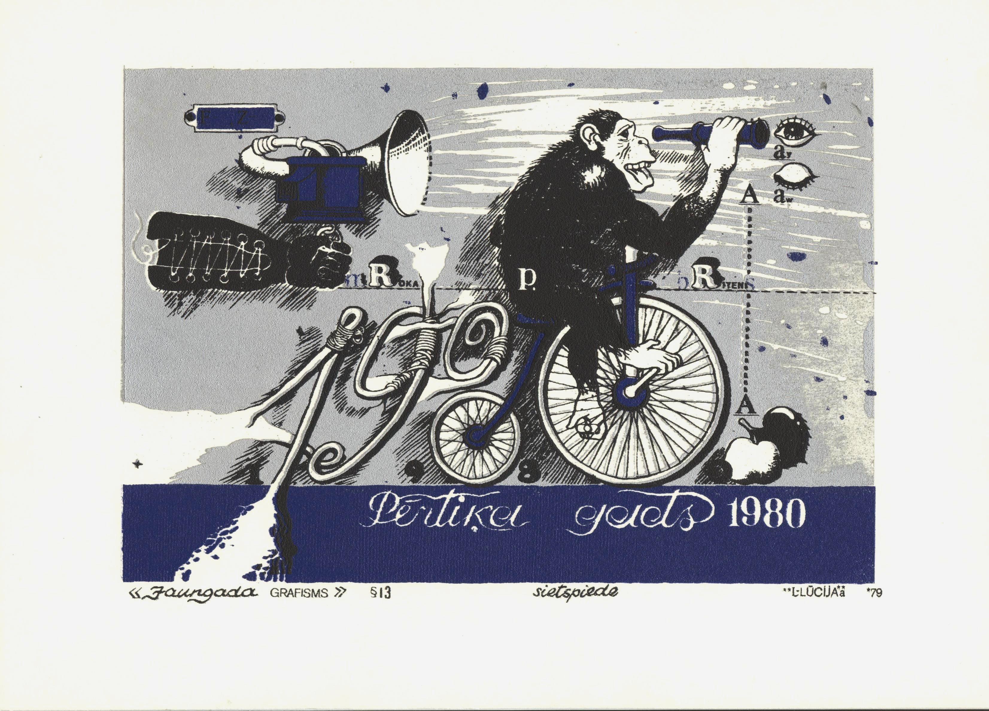 The New Year graphisms & 13. 1979, paper, silk screen, 15, 5x21, 5 cm - Print by Maris Argalis