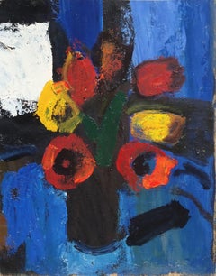 Tulips on the blue background. Oil on cardboard, 50x39,5 cm