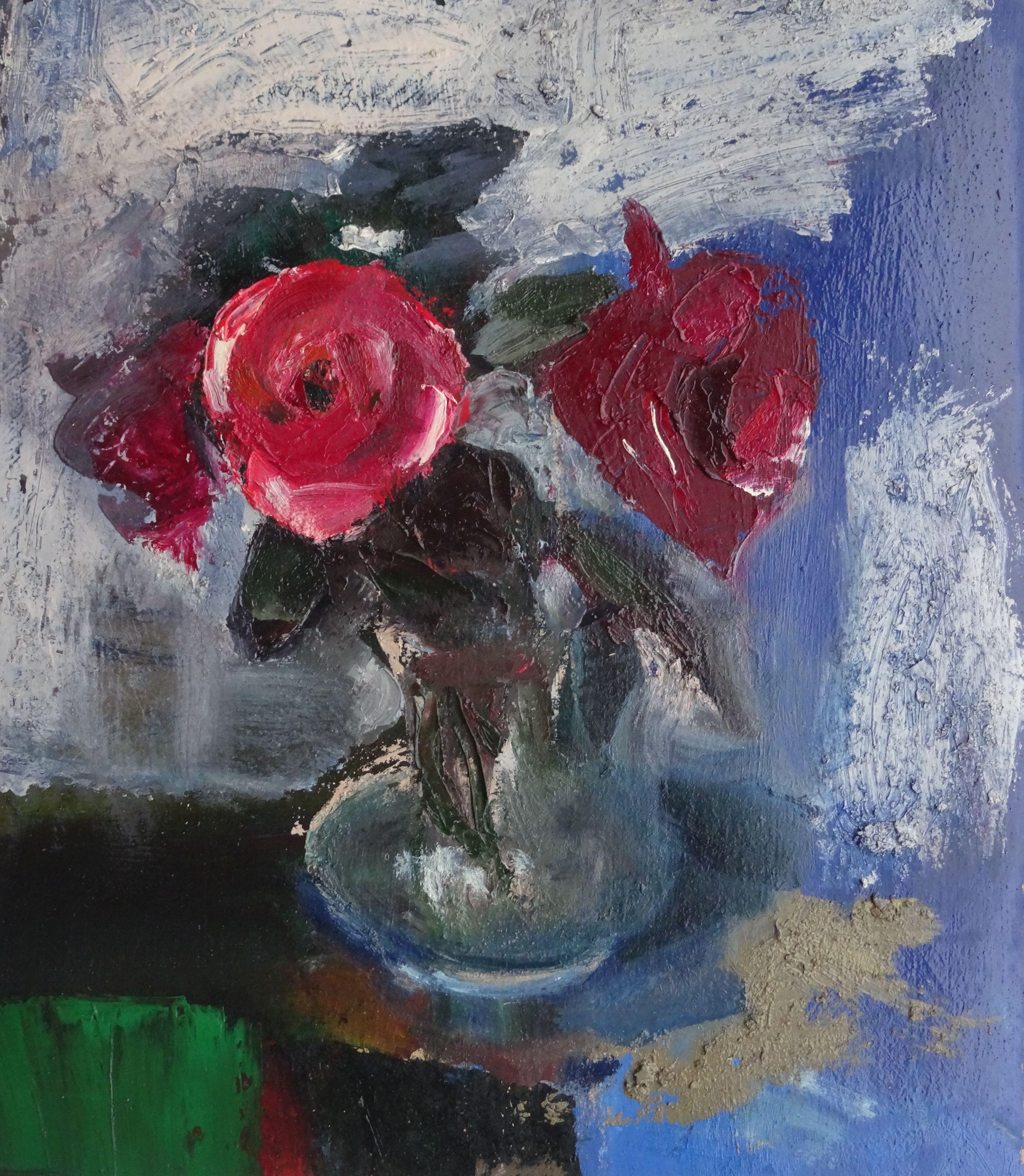 Red roses. Oil on cardboard, 45x40 cm - Painting by Aleksandr Rodin