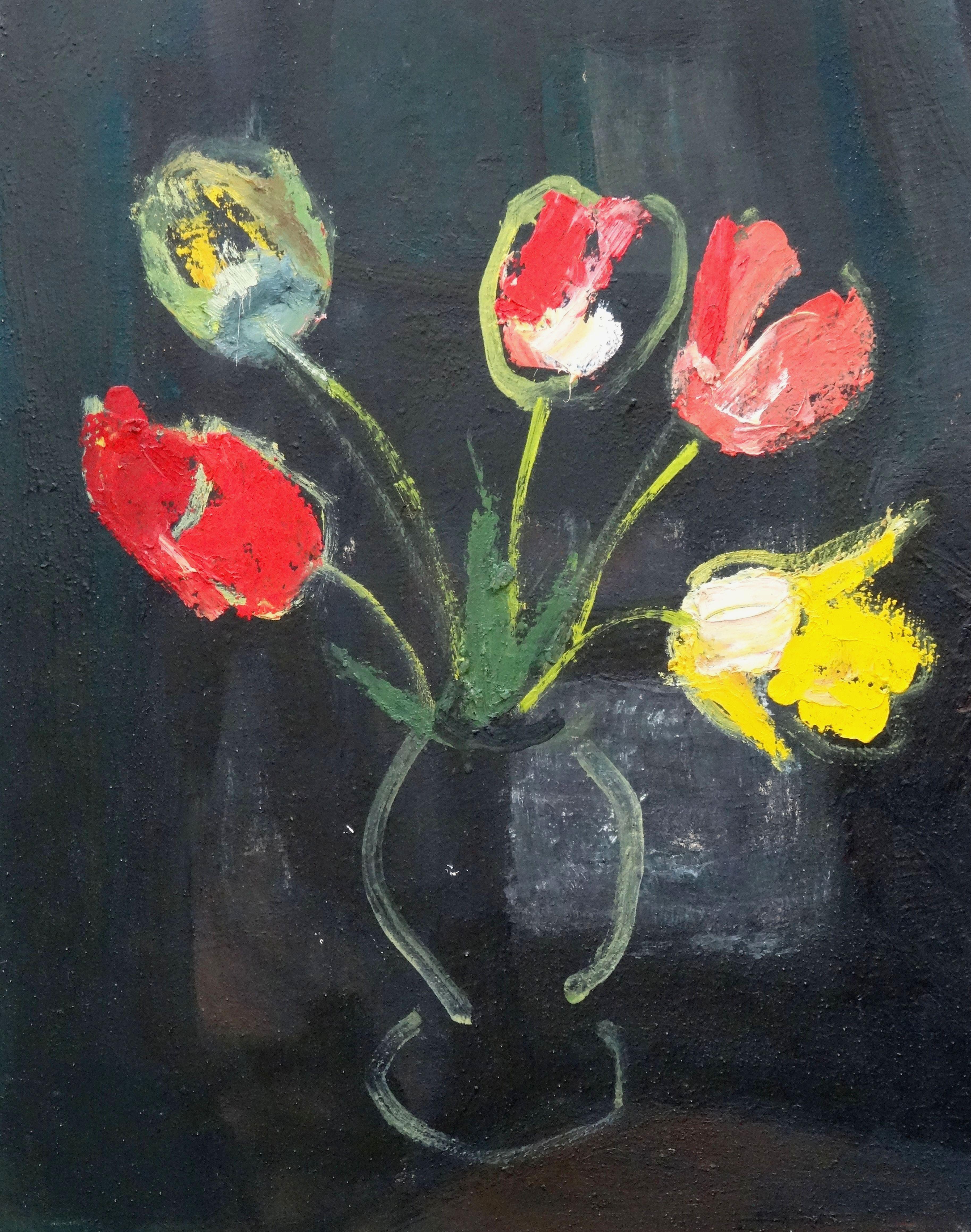  Tulips on the black background. 1975, cardboard, oil, 50x39 cm