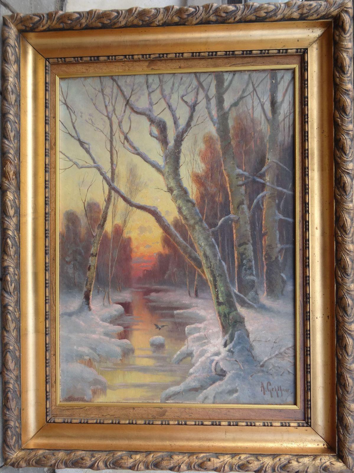 Winter evening. Oil on canvas, 72x52 cm - Painting by Alfred Alexander Gelhar