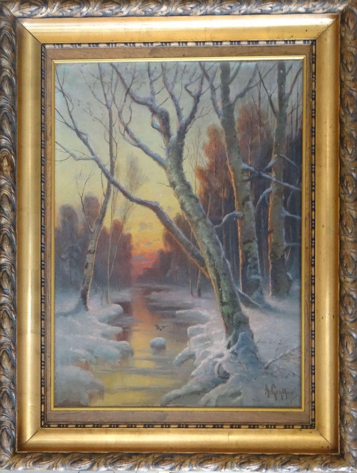 Winter evening. Oil on canvas, 72x52 cm - Naturalistic Painting by Alfred Alexander Gelhar