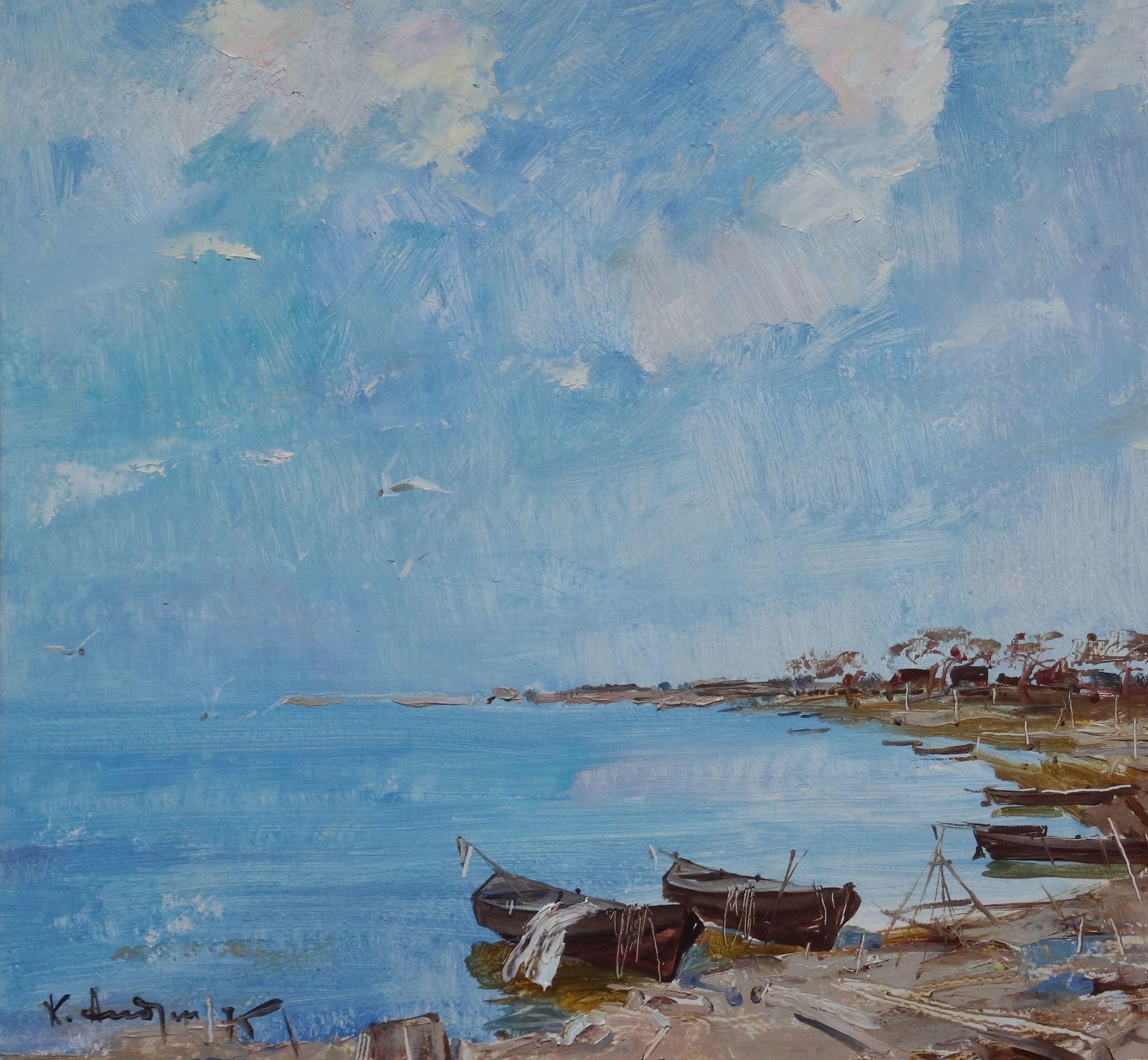 Konstantin Andrejev Landscape Painting - Boats at the coast. 1975, cardboard, oil, 37x40 cm