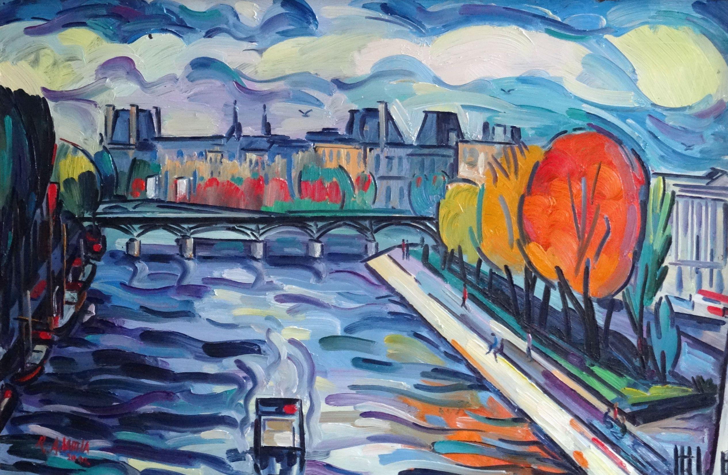 Landscape Painting Adamia Rezo - Paris. Huile sur carton, 42, 4x64 cm