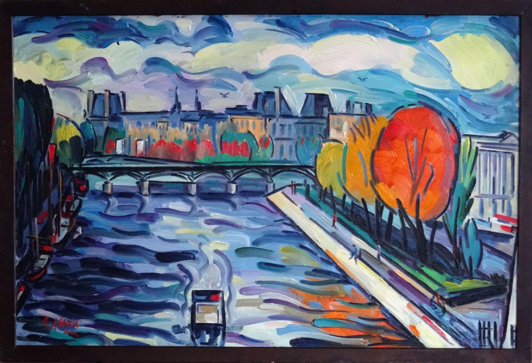 Paris. Huile sur carton, 42, 4x64 cm - Painting de Adamia Rezo