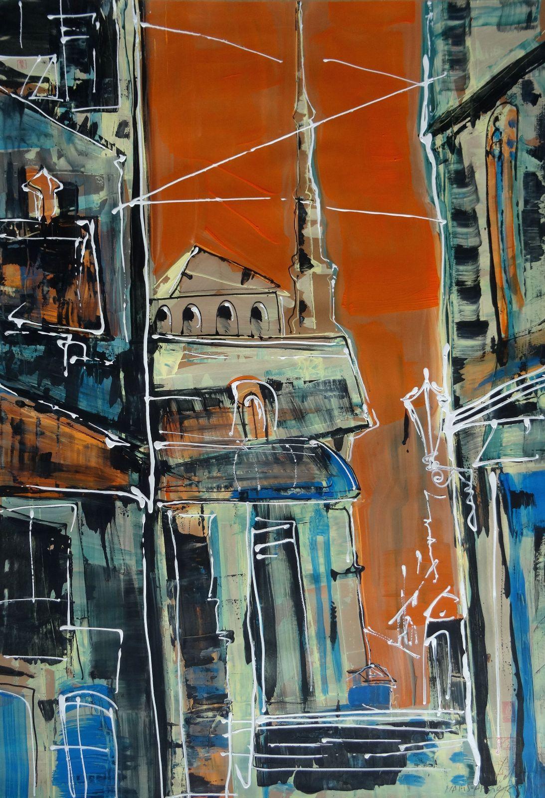 Paisaje urbano. Papel, acrílico, 100x70 cm