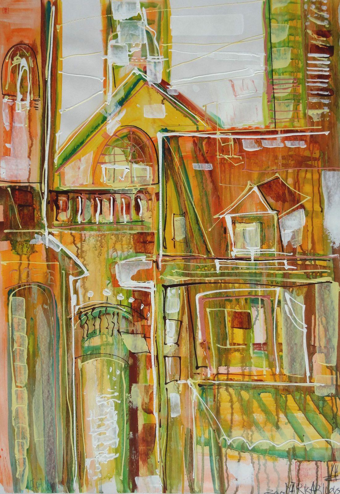 Maris Abilevs  Landscape Painting - Gatehouse. Paper, mixed media, 90x64 cm