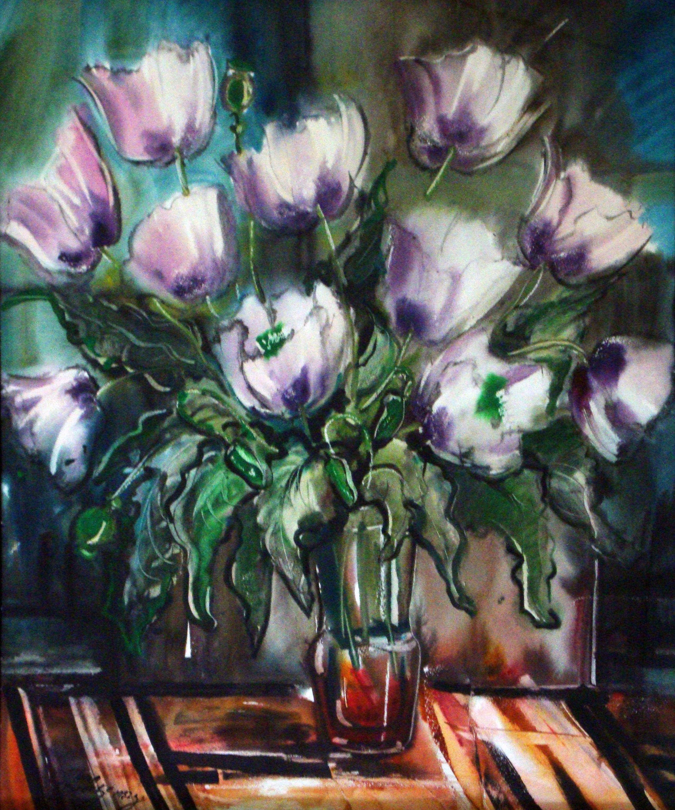 Ilona Brekte  Still-Life Painting - Purple poppies. 1982, watercolor on paper, 80x68 cm