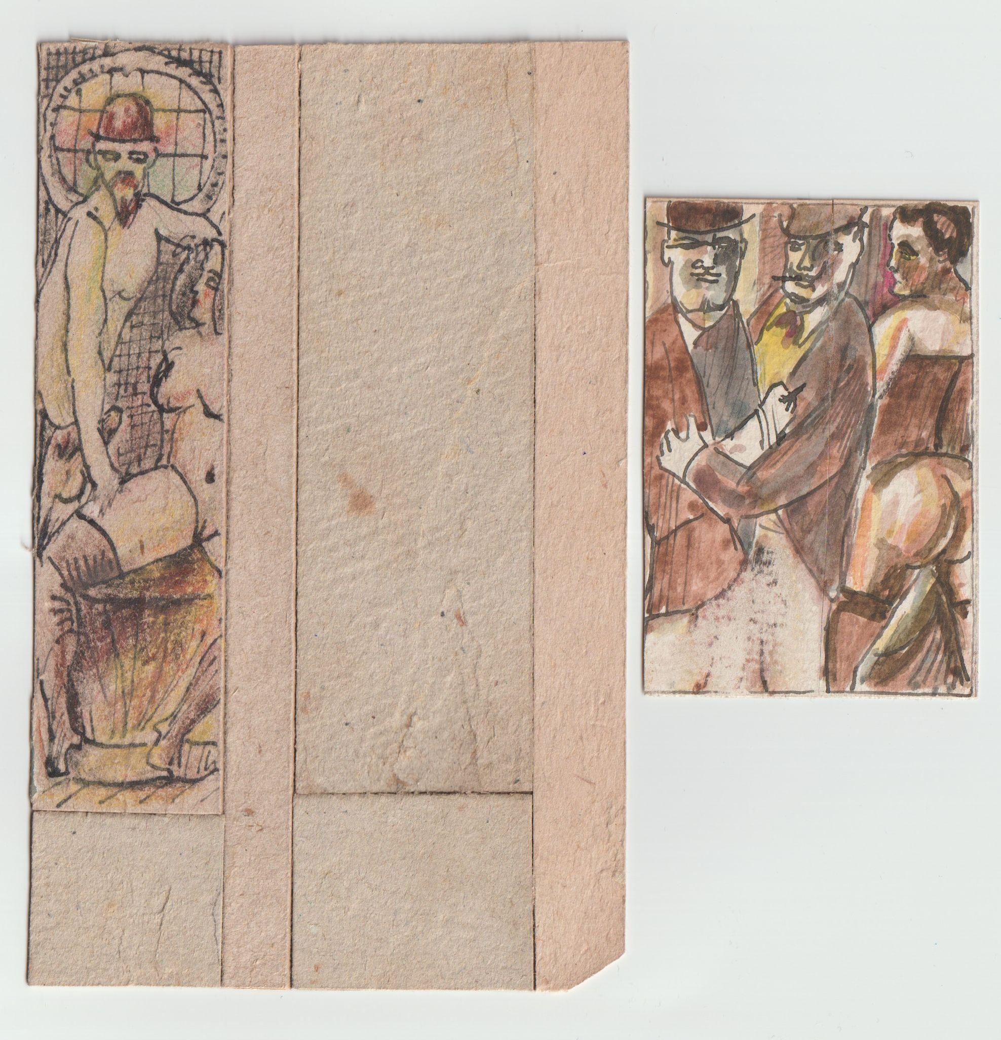 Es handelt sich um 2 Stck., Papier, Karton, Mischtechnik, 8,3x5,5 cm, 12,8x3,2 cm  (Moderne), Painting, von Adolfs Zardins