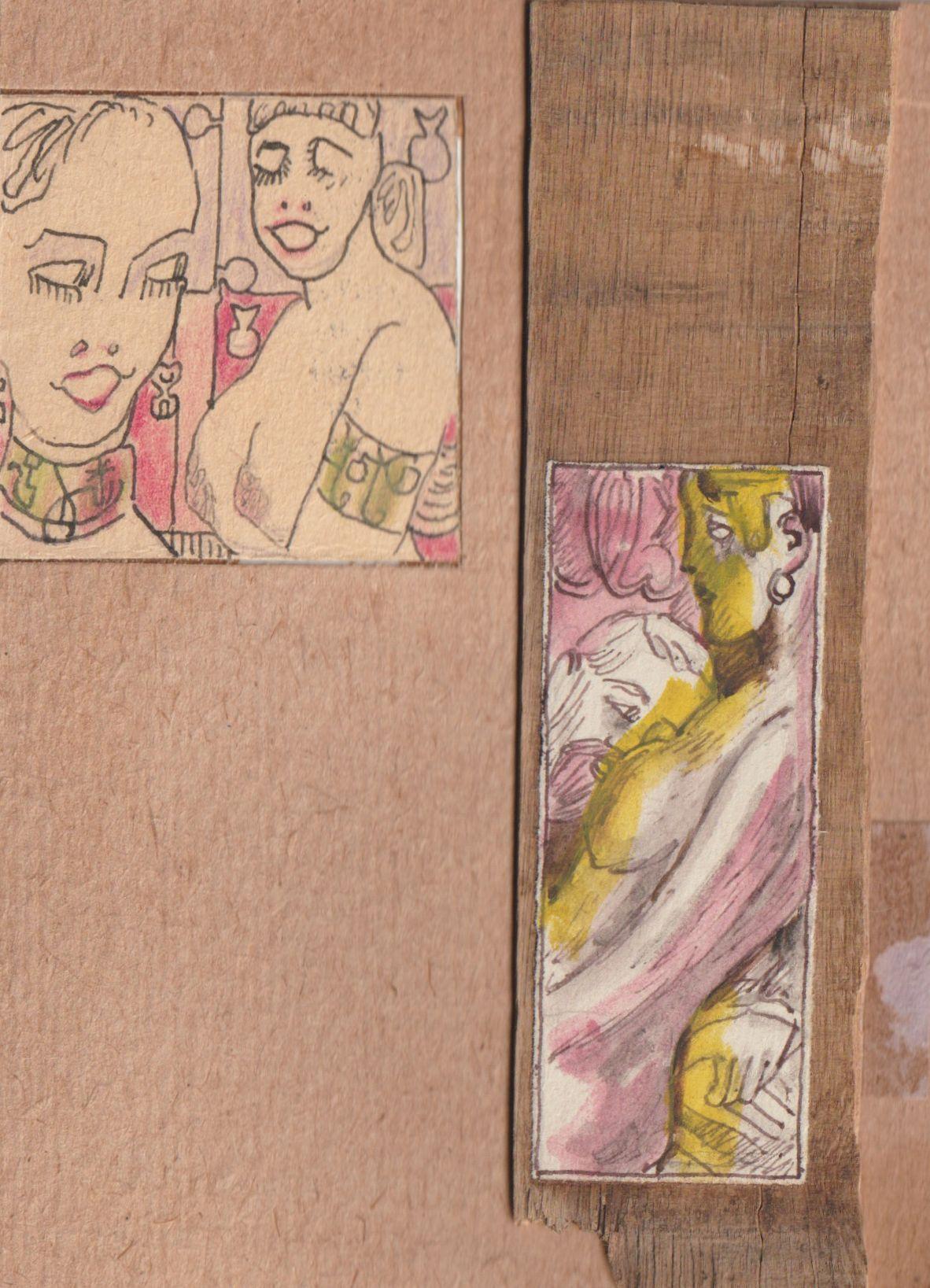 Adolfs Zardins Figurative Painting - Erotic motives. 2.pcs., paper, cardboard, mixed media, 7, 7x3 cm, 5x5 cm