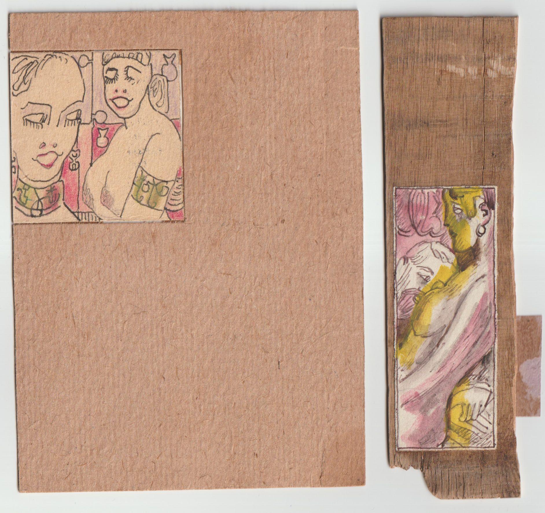 Erotic motives. 2.pcs., paper, cardboard, mixed media, 7, 7x3 cm, 5x5 cm - Painting by Adolfs Zardins