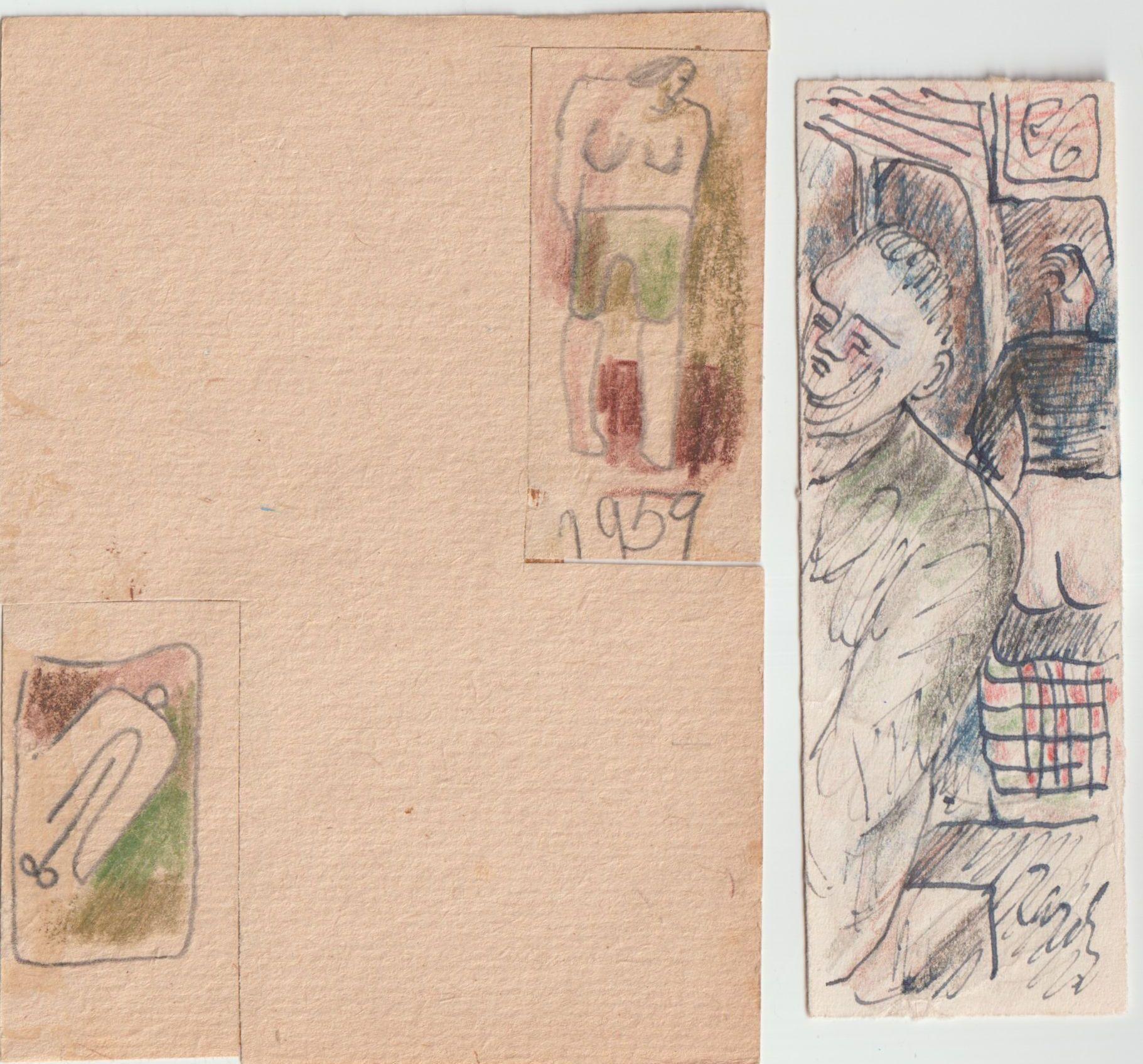 Adolfs Zardins Figurative Painting - Erotic motives. 3.pcs., paper, mixed media, 12, 6x4, 3 cm, 6, 1x3, 2 cm, 6, 9x3, 2 cm
