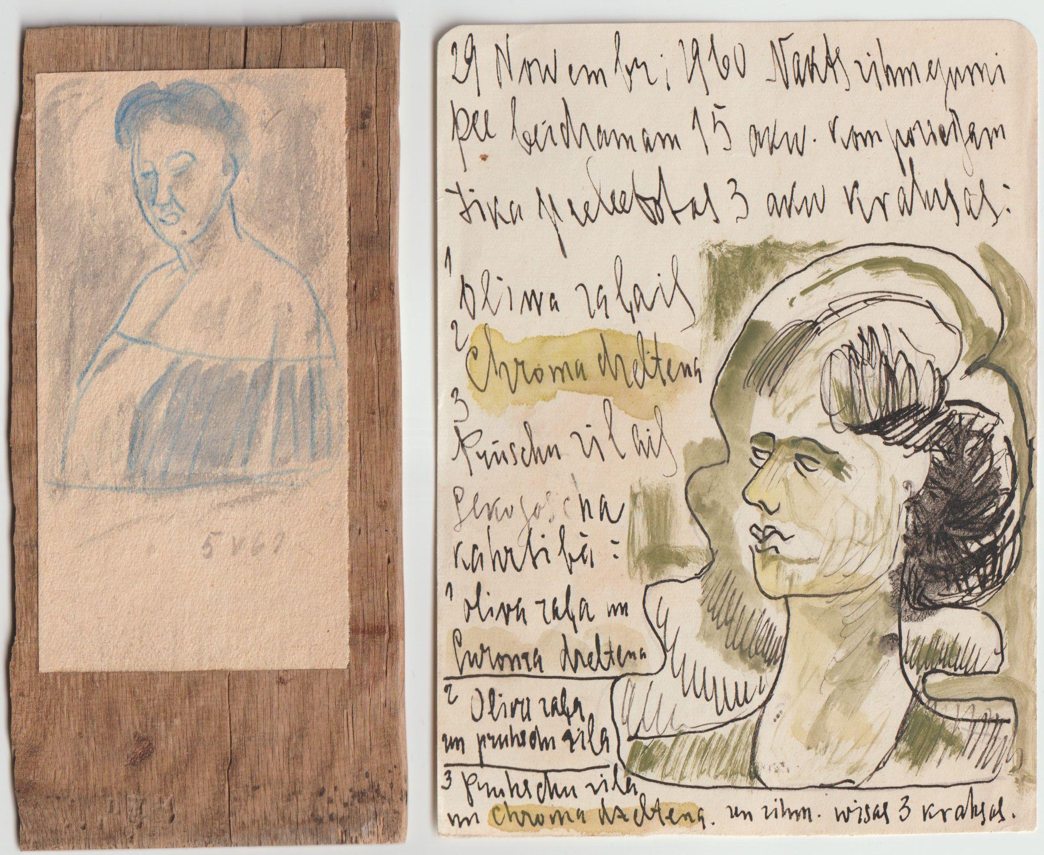 Adolfs Zardins Portrait Painting - Women portraits. 2.pcs., paper, mixed media, 10, 2x5, 3 cm, 13, 9x10, 2 cm