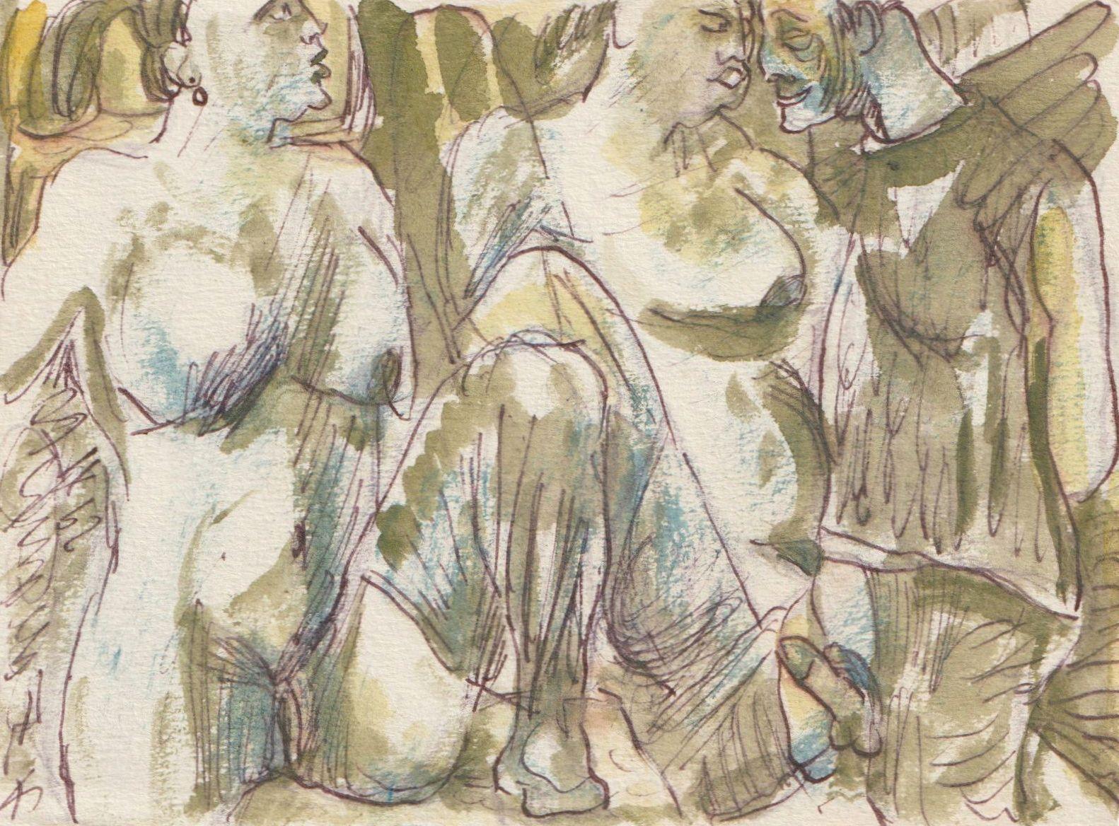 Adolfs Zardins Figurative Painting - Threesome. Paper, mixed media, 10x14 cm