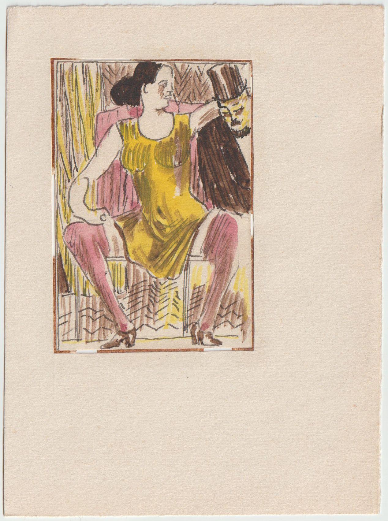 Yellow dress. Paper, mixed media, 8x5.5 cm - Painting by Adolfs Zardins