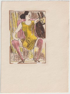 Yellow dress. Paper, mixed media, 8x5.5 cm