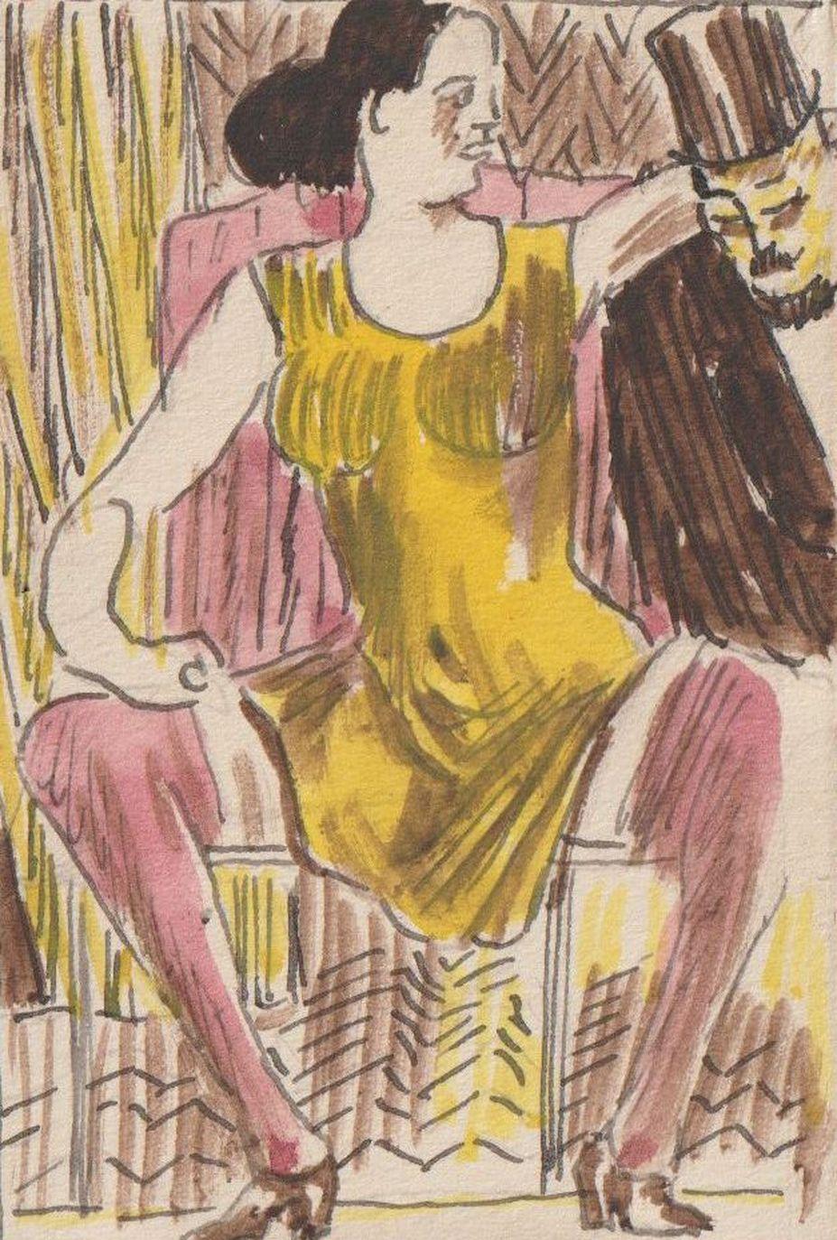 Adolfs Zardins Figurative Painting - Yellow dress. Paper, mixed media, 8x5.5 cm