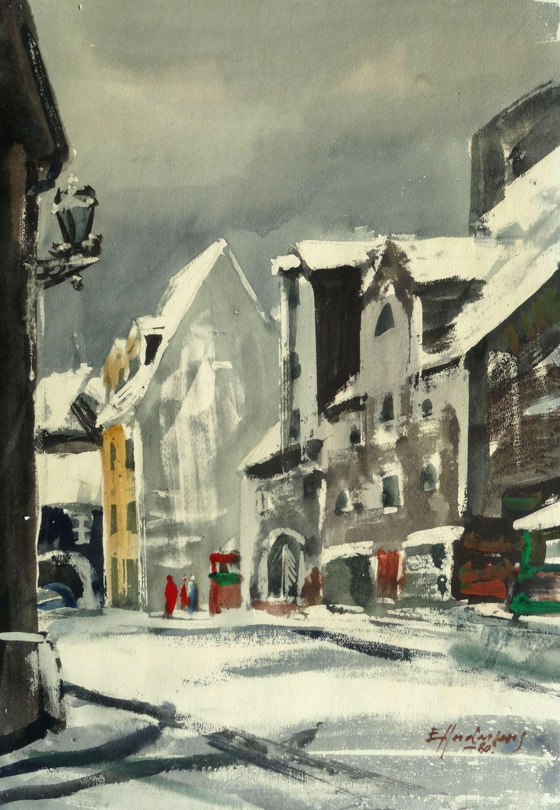 Edwin Andersons Landscape Painting - Winter city. 1980. Paper, watercolor, 68x40 cm