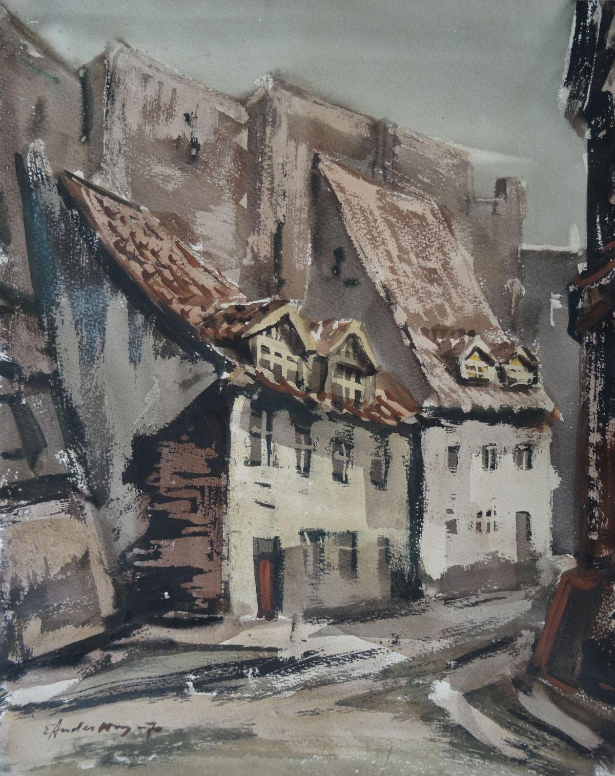 Edwin Andersons Landscape Painting - Old City. 1970. Paper, watercolor, 46x37 cm