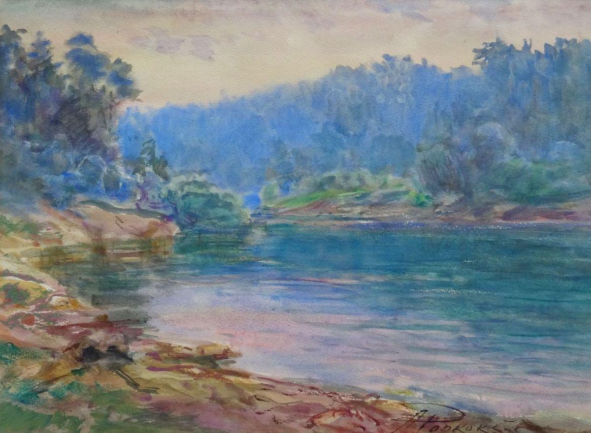 Arnolds Pankoks Landscape Painting - River. Paper, watercolor, 35x48 cm