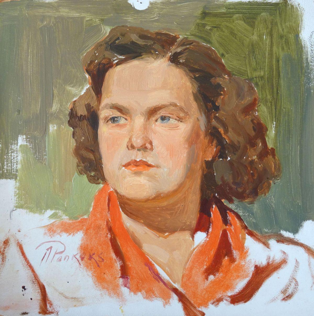 Arnolds Pankoks Portrait Painting - Pioneer Leader. Oil on cardboard, 25x24, 5 cm