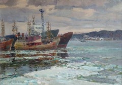 Ships in the port. Oil on cardboard, 51x70,5 cm