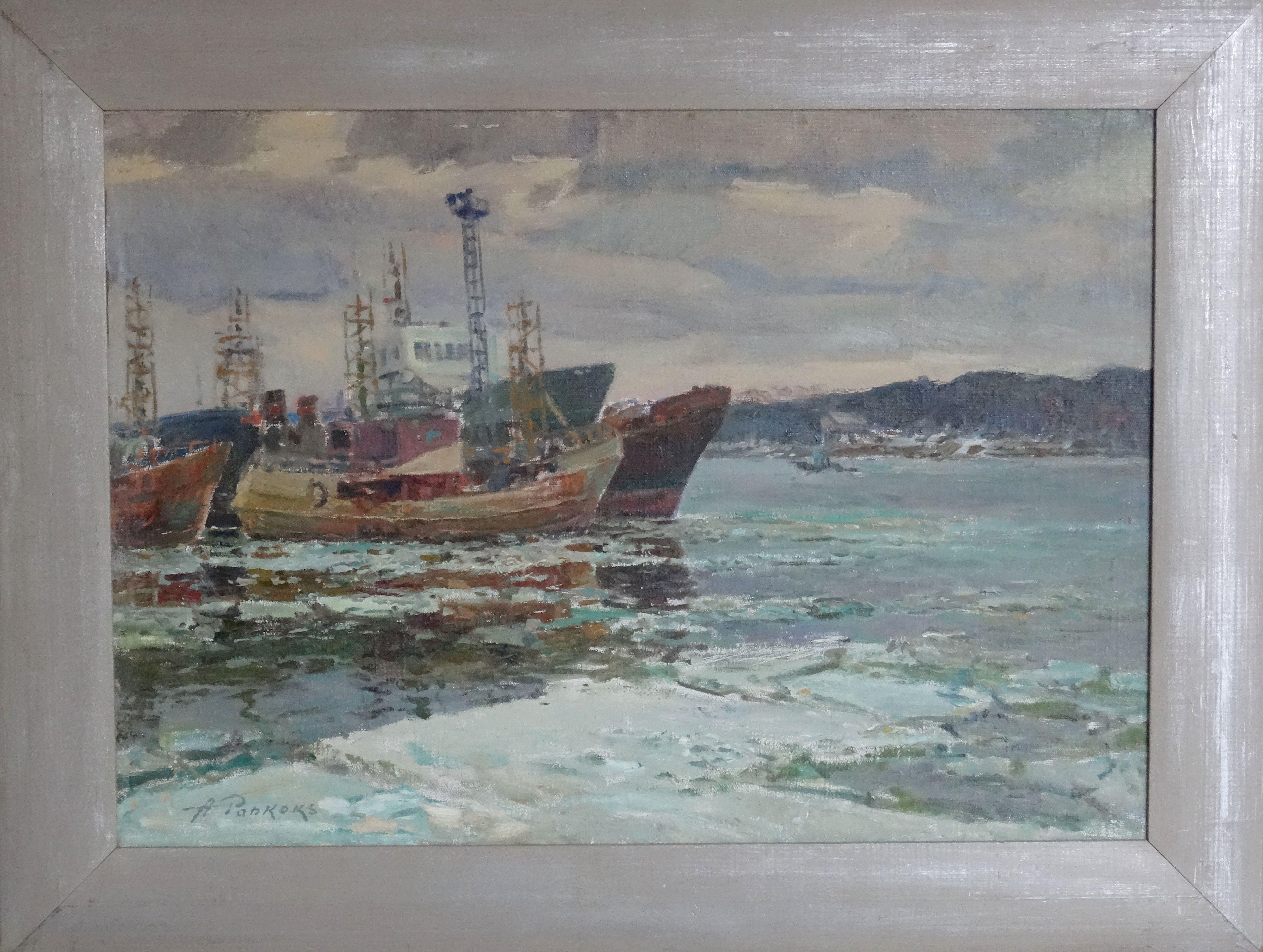 Ships in the port. Oil on cardboard, 51x70, 5 cm - Painting by Arnolds Pankoks