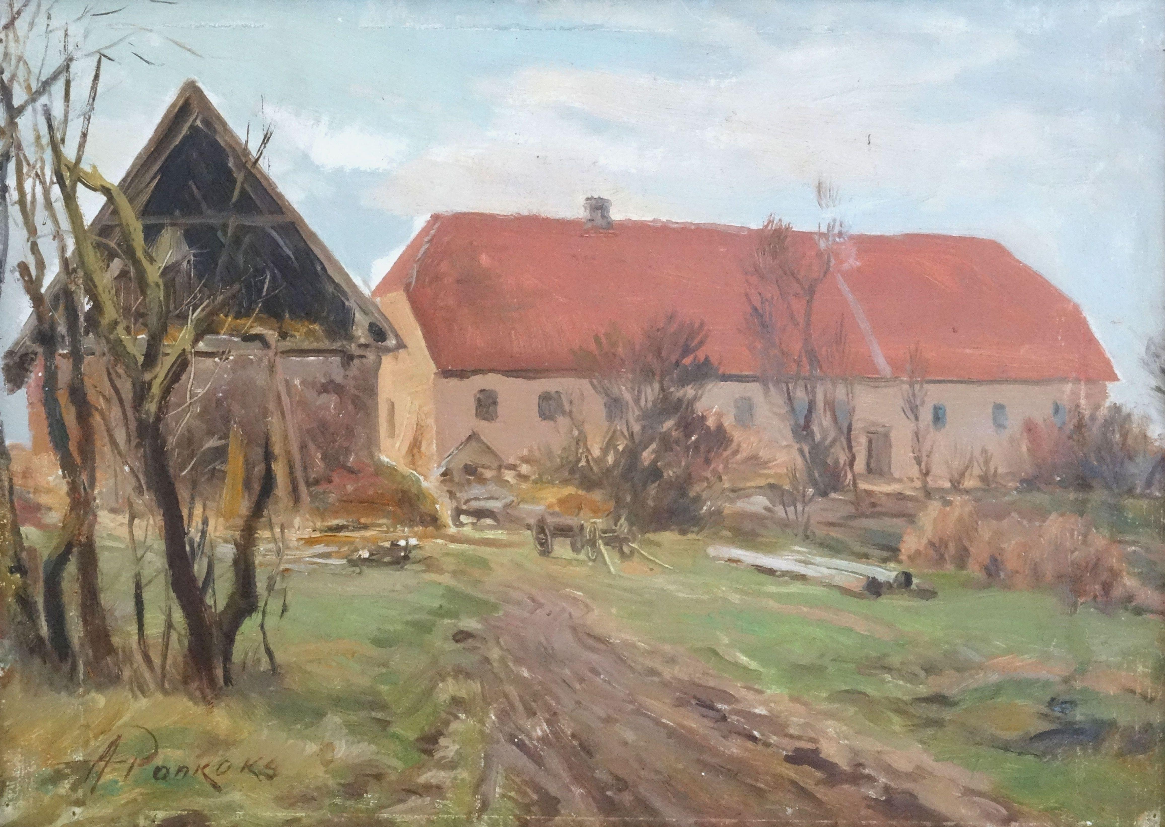 Arnolds Pankoks Landscape Painting - Yard. Oil on cardboard, 33x46.5 cm