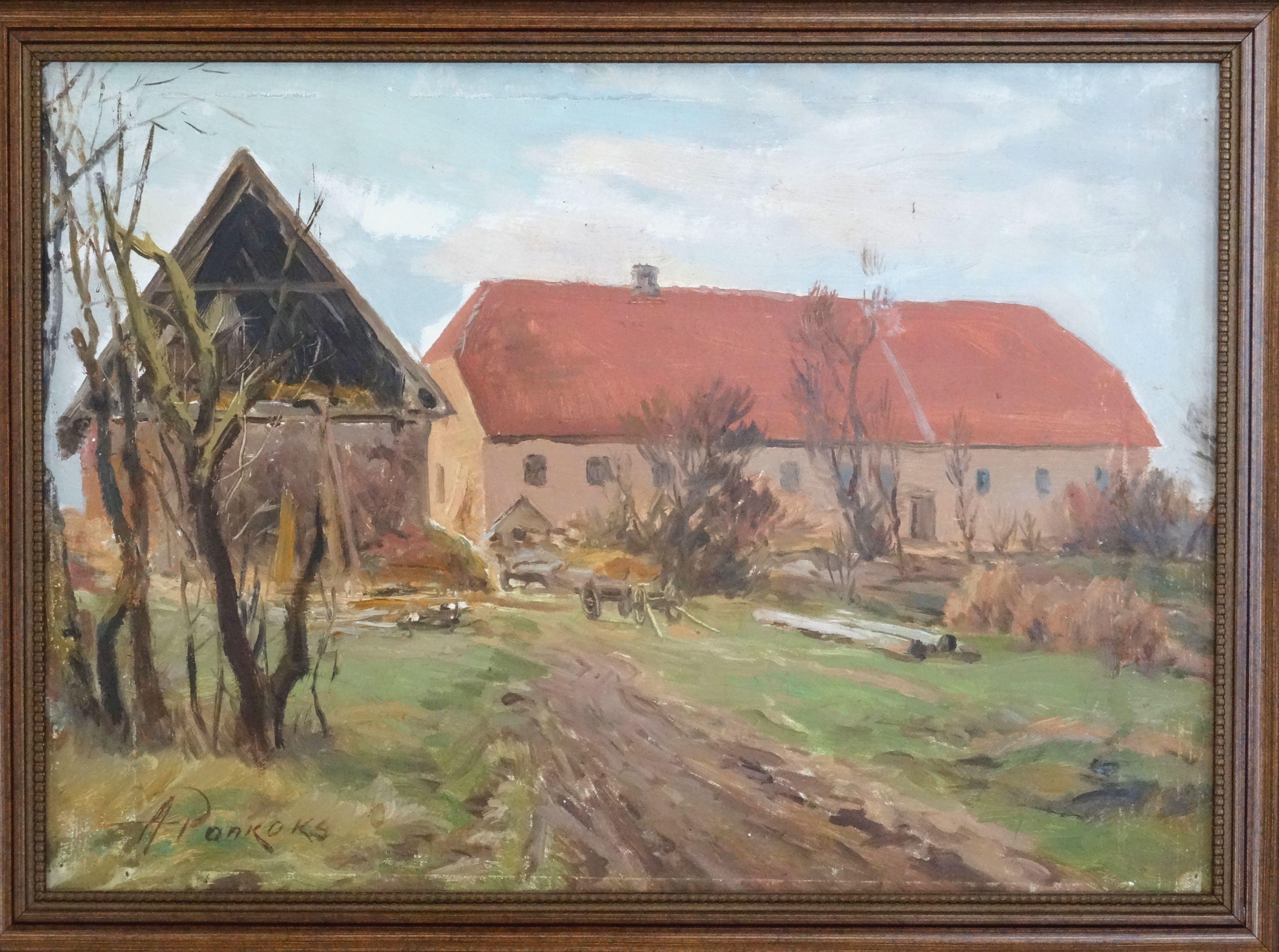 Yard. Oil on cardboard, 33x46.5 cm - Painting by Arnolds Pankoks