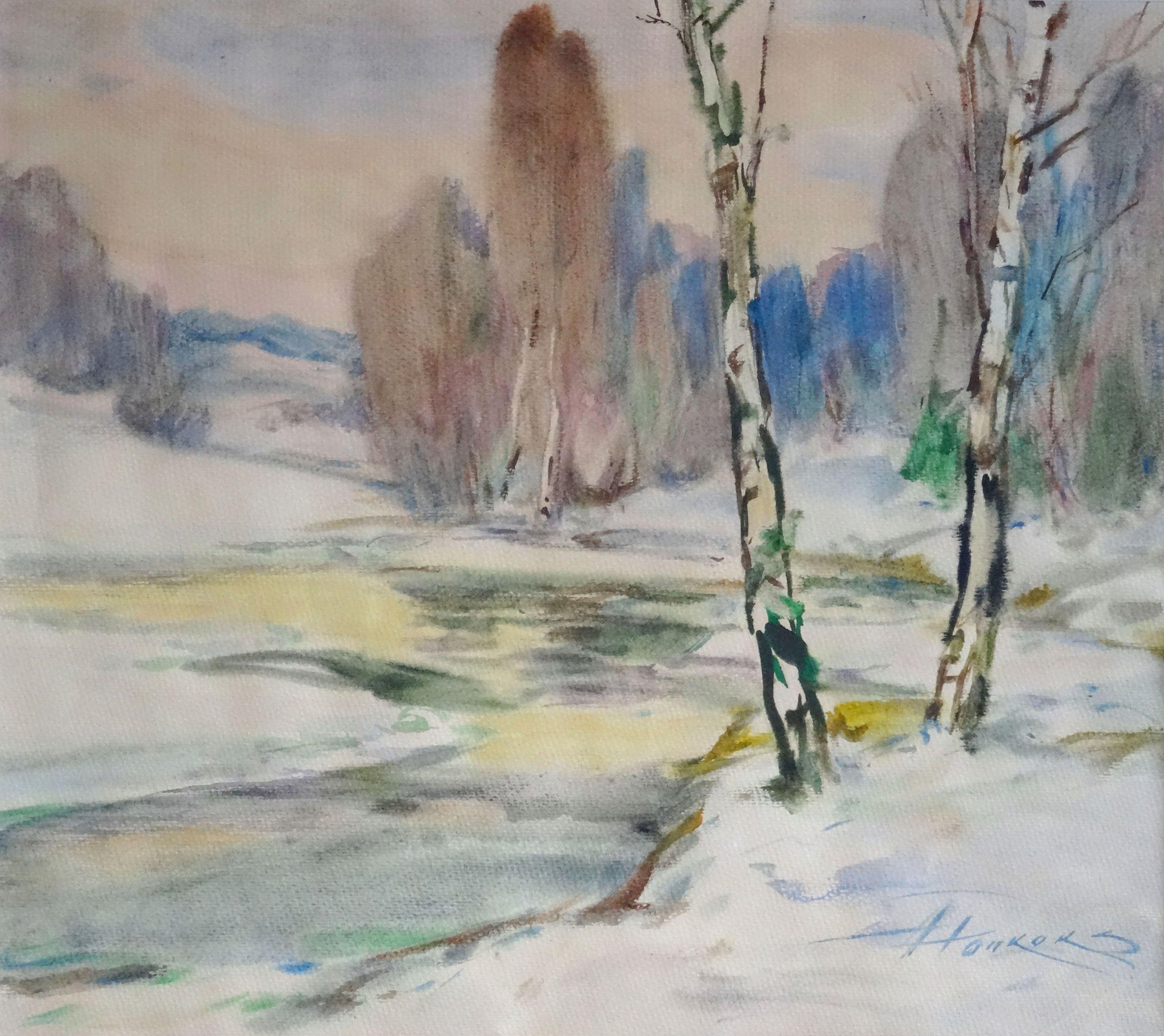 Arnolds Pankoks Landscape Painting - By the river in the spring. Paper, watercolor, 48x54 cm