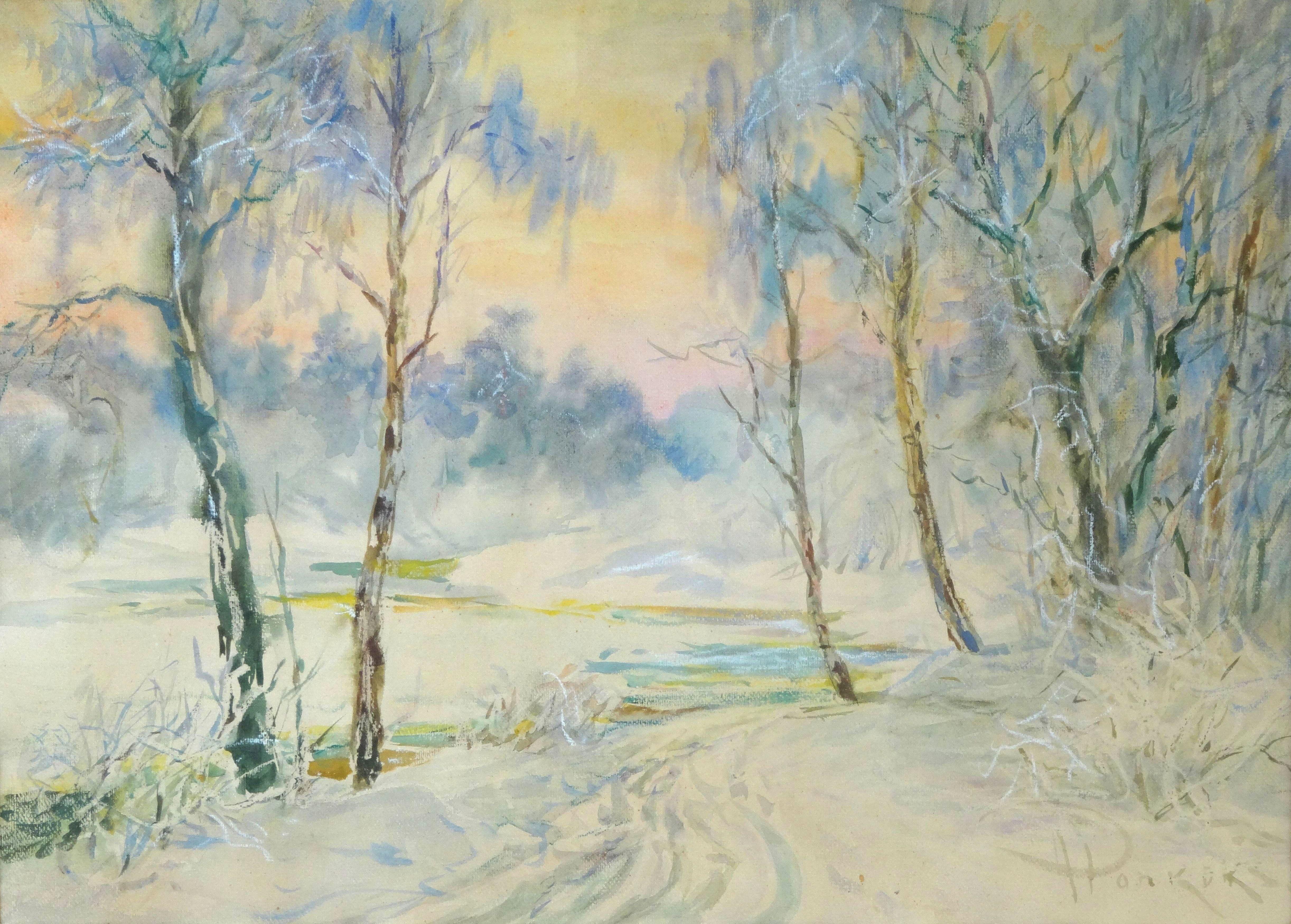 Arnolds Pankoks Landscape Painting - The path along the river in winter. Paper, watercolor, 40x55, 5 cm