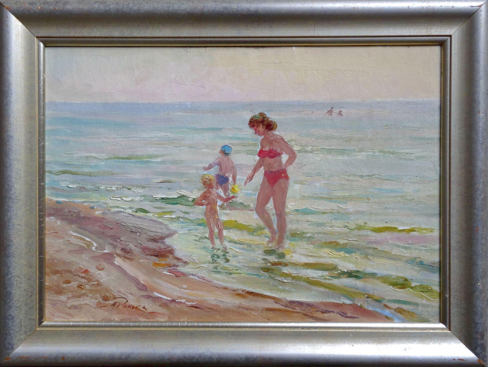 The beach. Oil on canvas and board, 35x50 cm - Impressionist Painting by Arnolds Pankoks