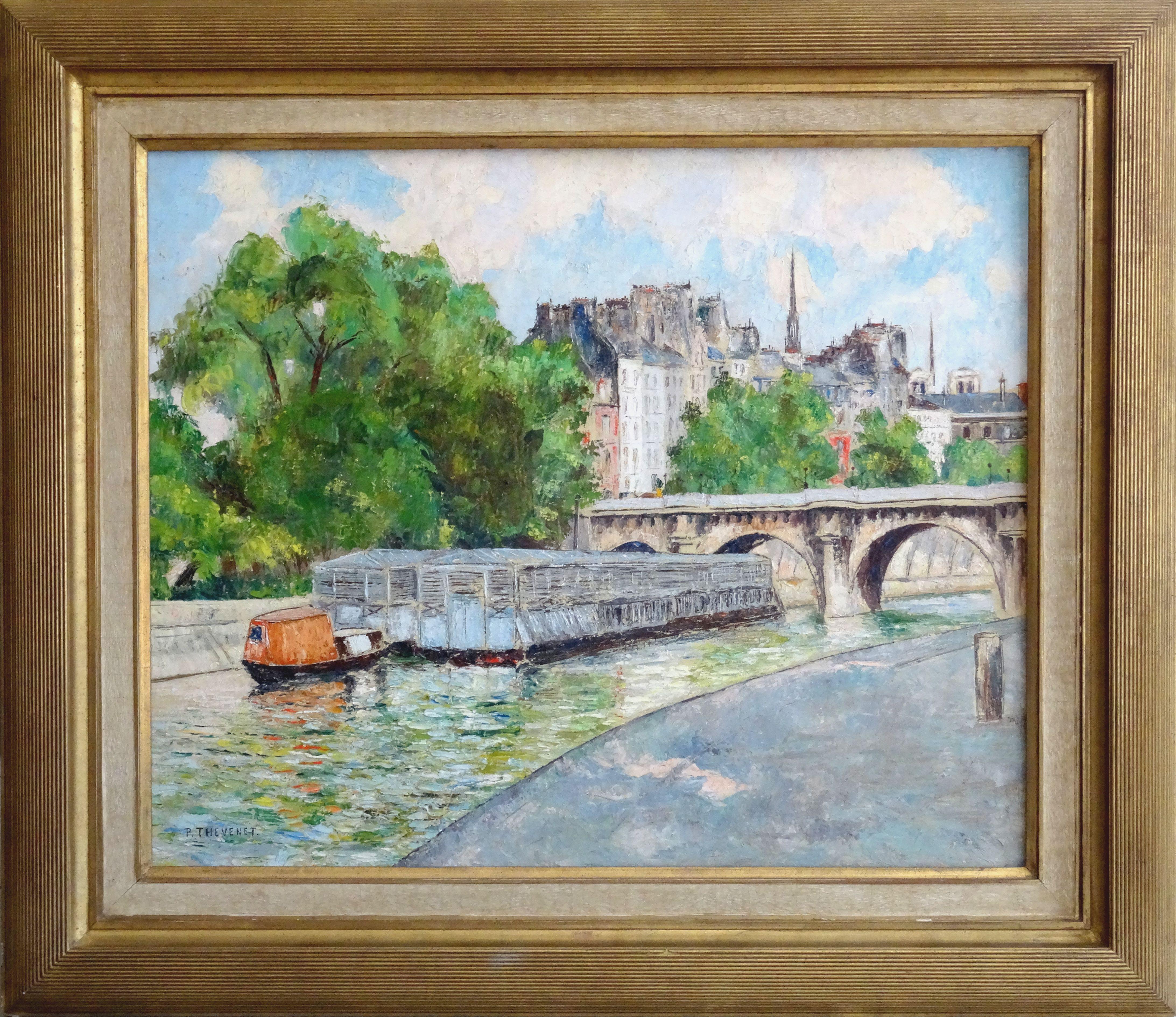 The new bridge. Oil on canvas, 60, 5x70, 5 cm - Painting by Pierre Thevenet