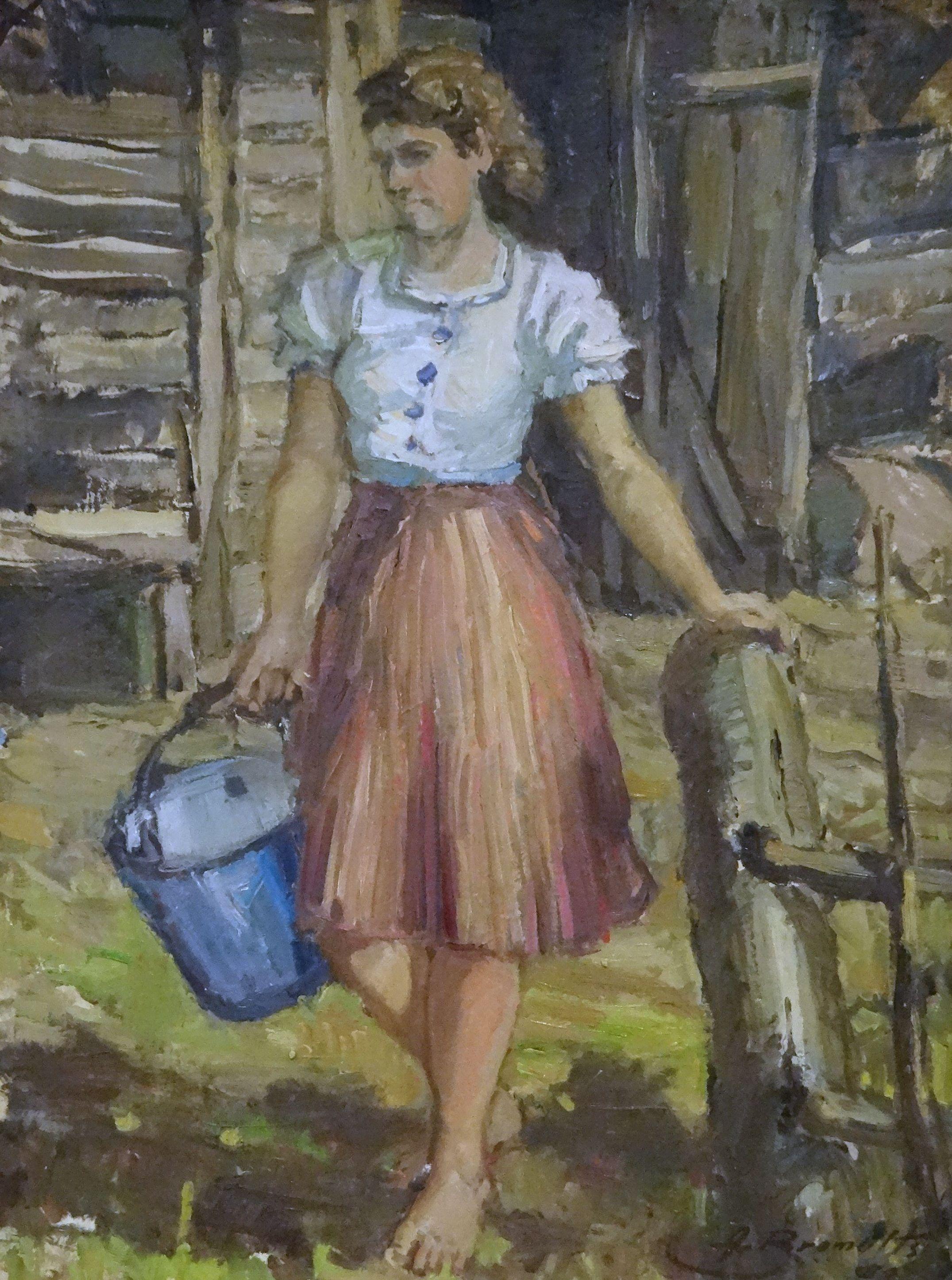 Alfejs Bromults Figurative Painting - At the well. 1979, oil on cardboard, 65x49 cm