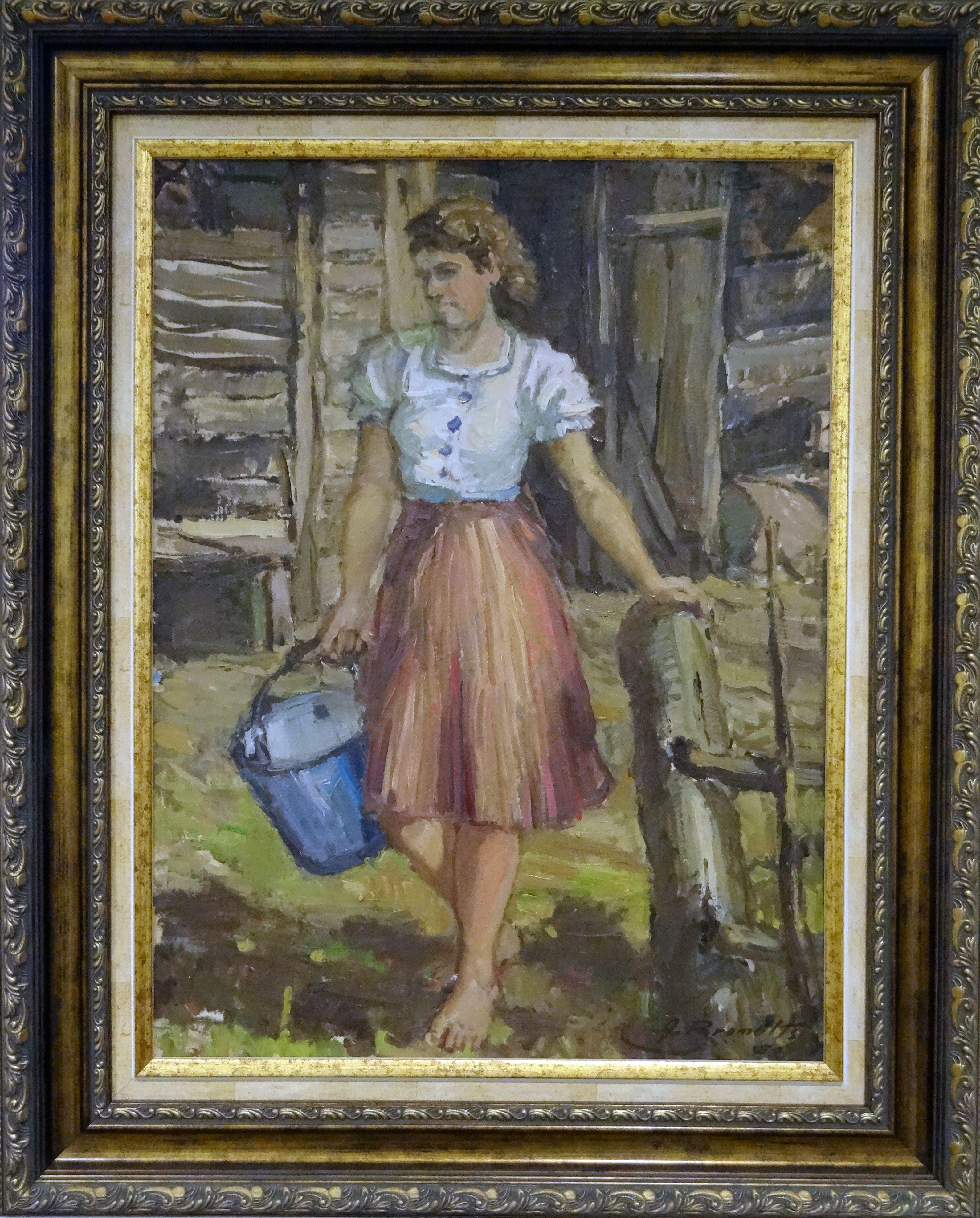 At the well. 1979, oil on cardboard, 65x49 cm - Painting by Alfejs Bromults